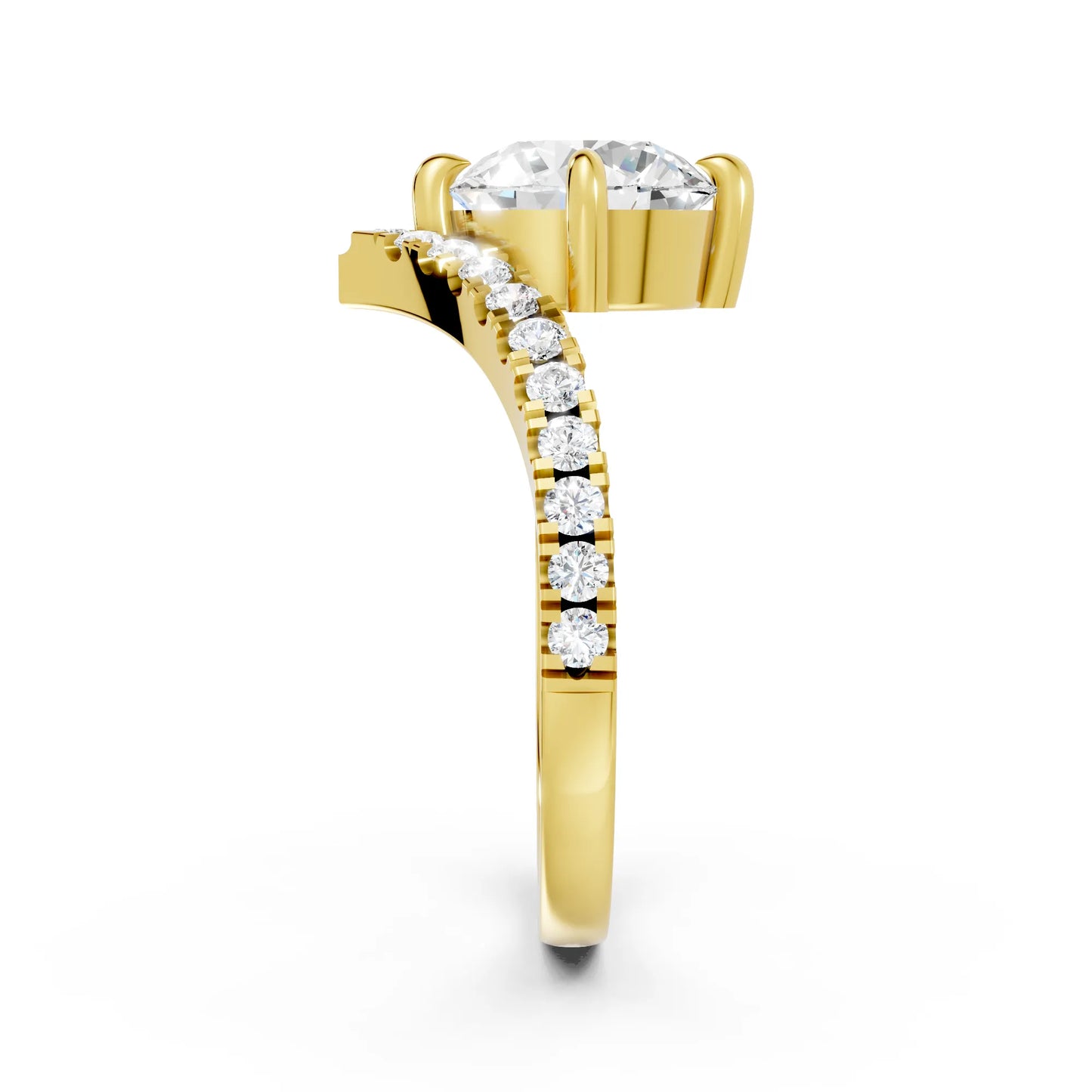 14K Gold Round Cut Diamond V Shape Engagement Ring with Side Accents