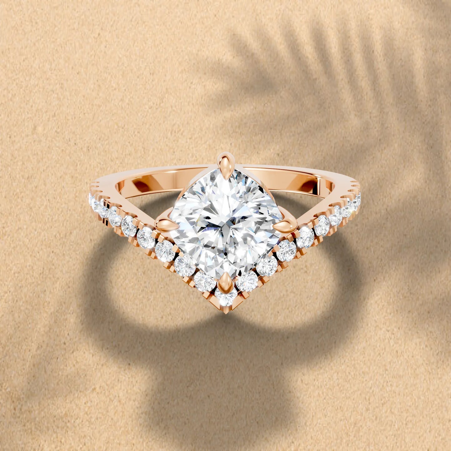 14K Gold Cushion Cut Diamond V Shape Engagement Ring with Side Accents