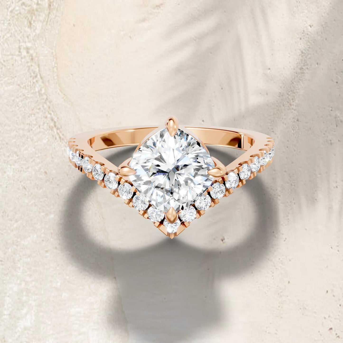 14K Gold Cushion Cut Diamond V Shape Engagement Ring with Side Accents