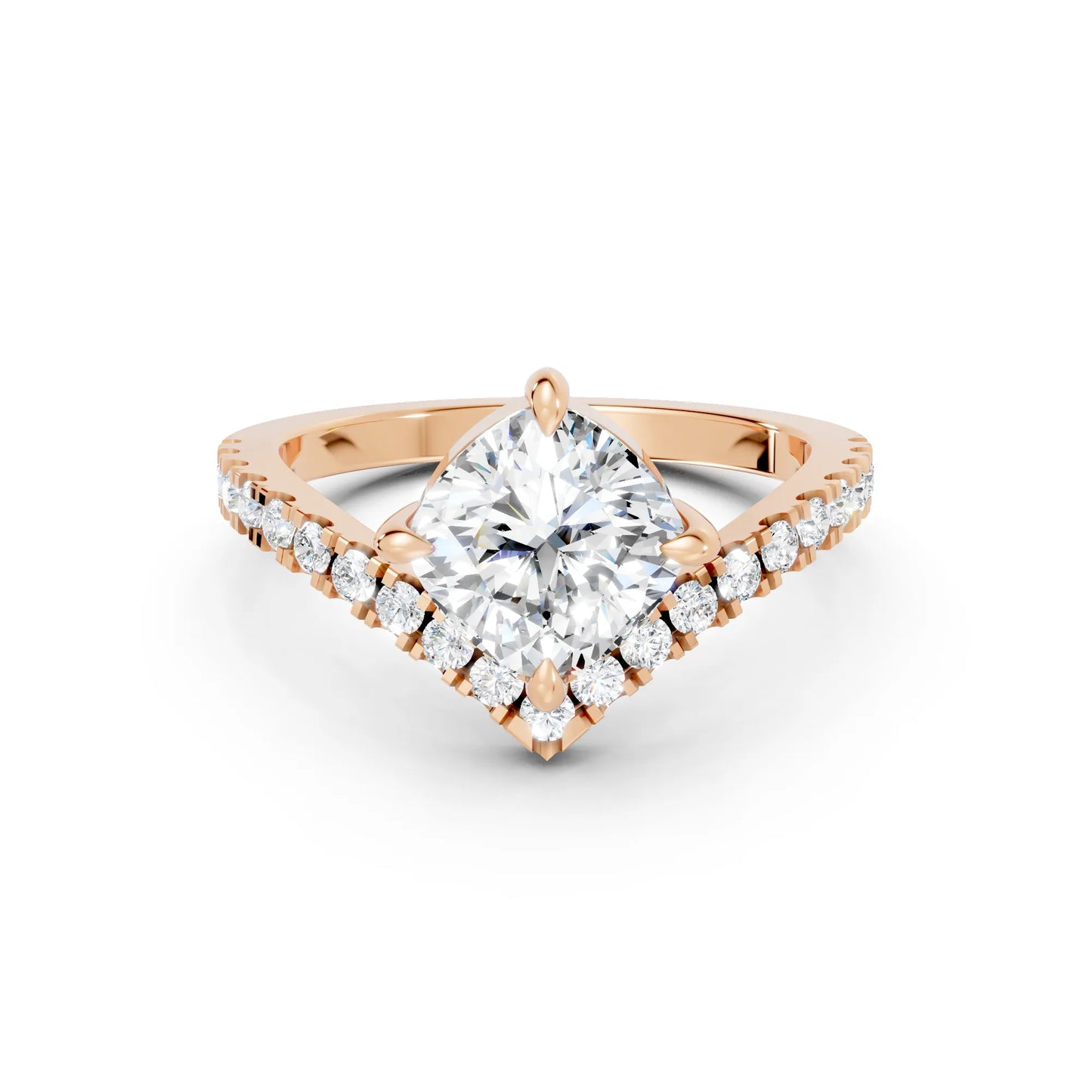 14K Gold Cushion Cut Diamond V Shape Engagement Ring with Side Accents