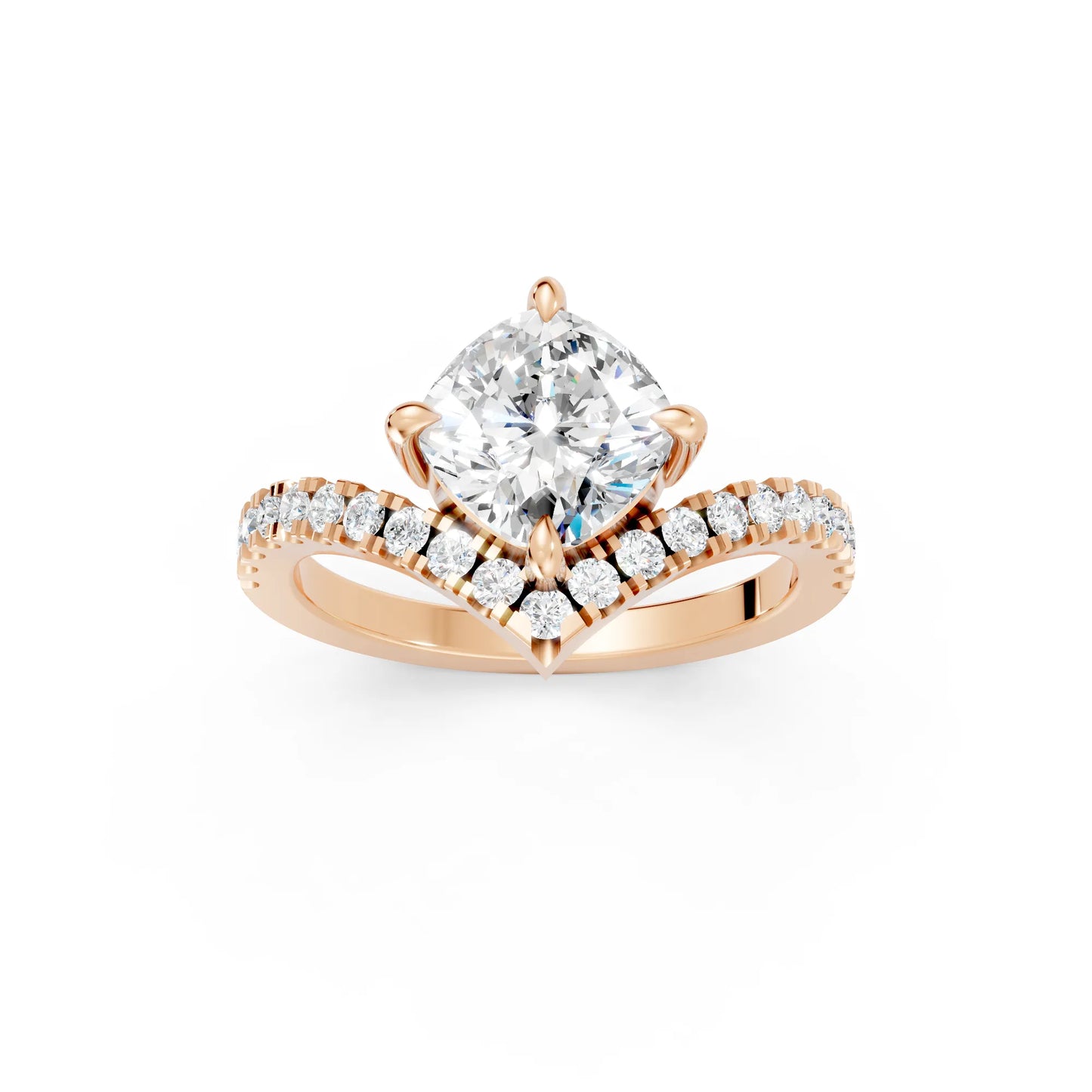 14K Gold Cushion Cut Diamond V Shape Engagement Ring with Side Accents
