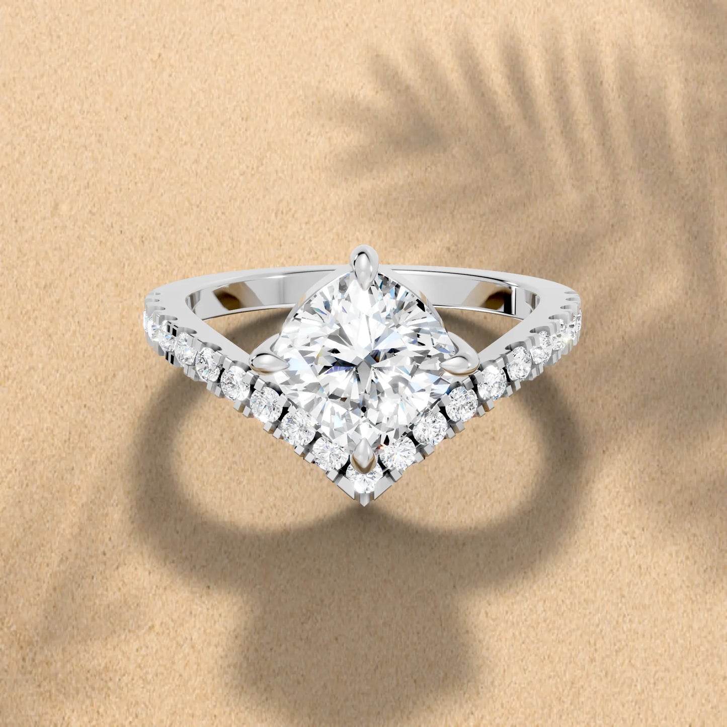 14K Gold Cushion Cut Diamond V Shape Engagement Ring with Side Accents
