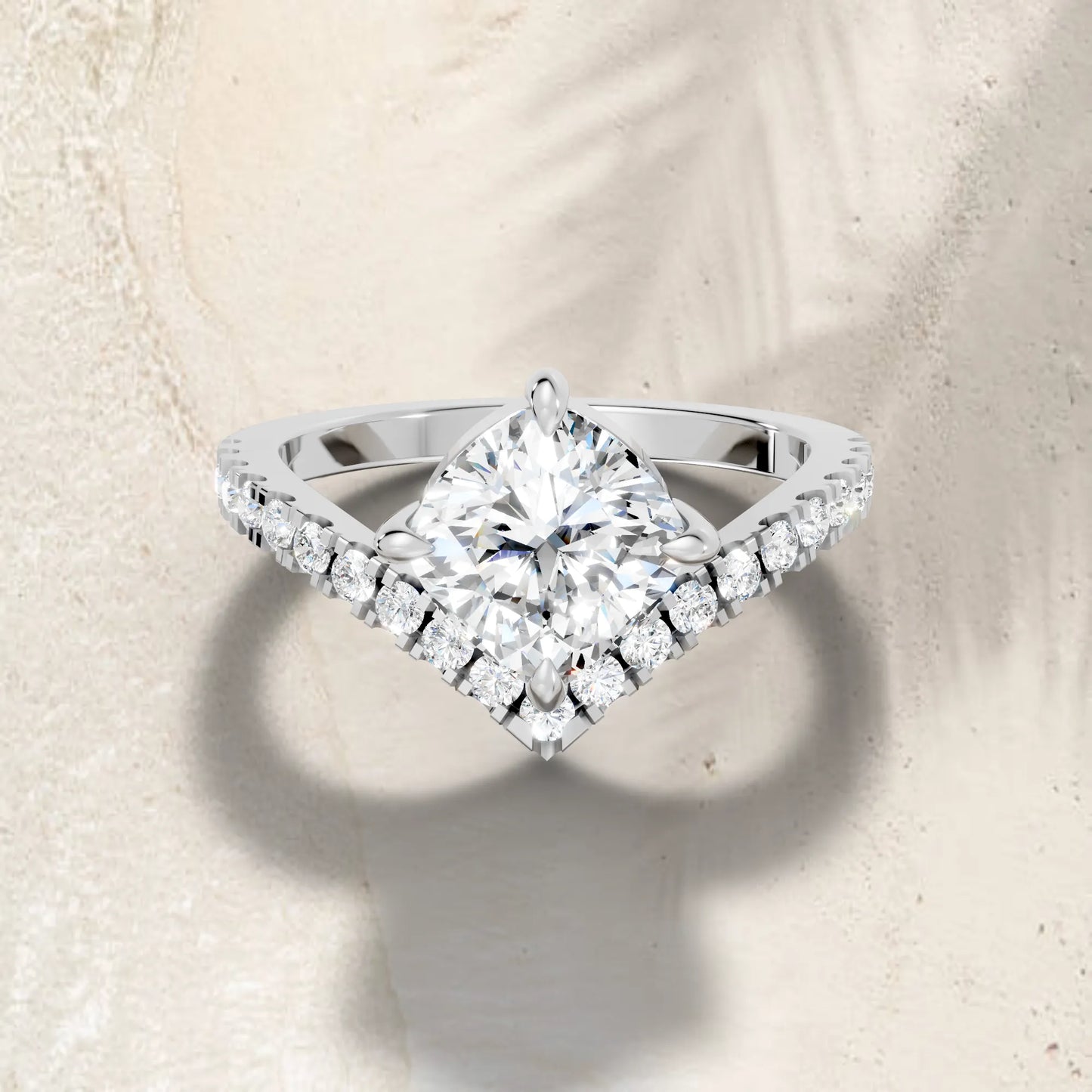 14K Gold Cushion Cut Diamond V Shape Engagement Ring with Side Accents
