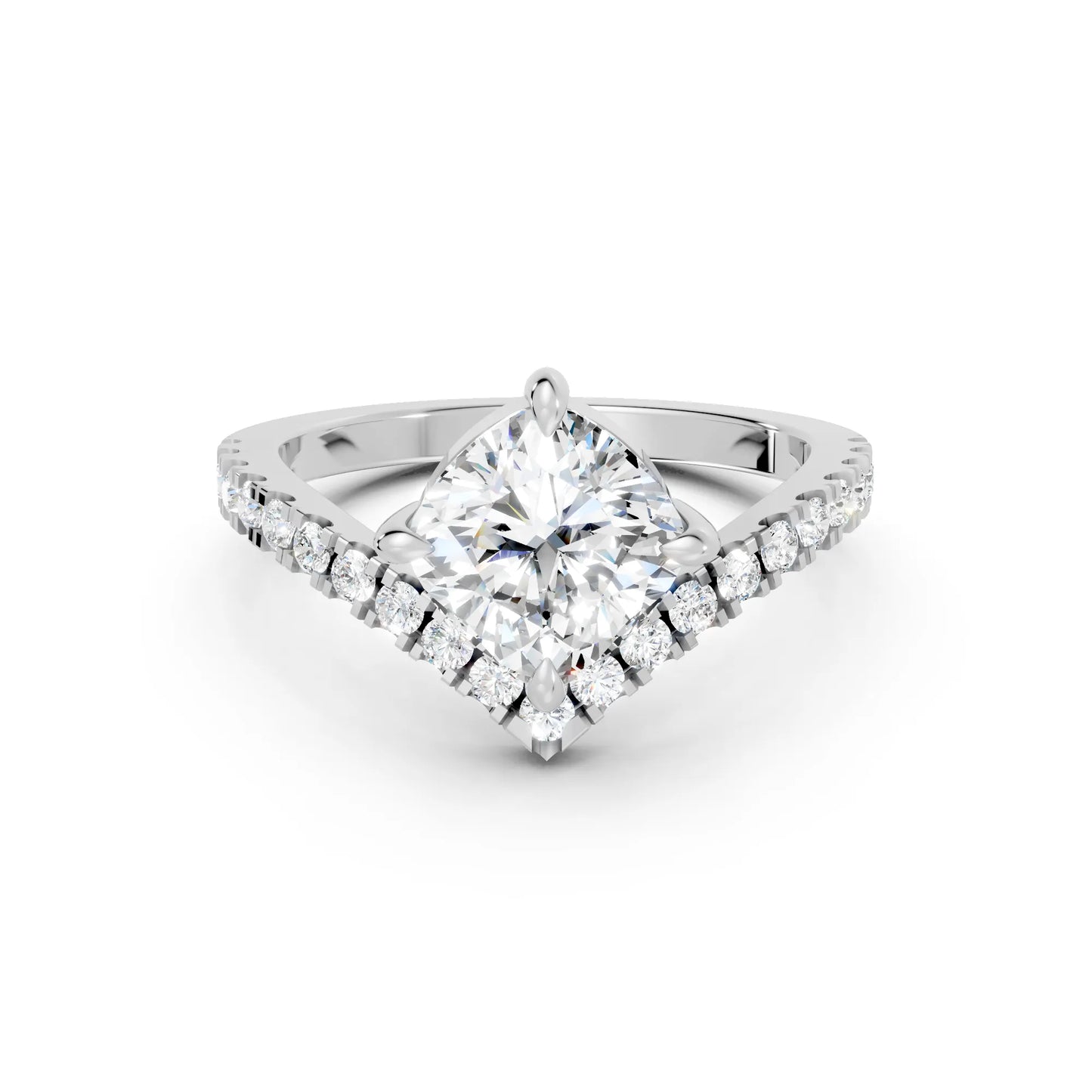 14K Gold Cushion Cut Diamond V Shape Engagement Ring with Side Accents