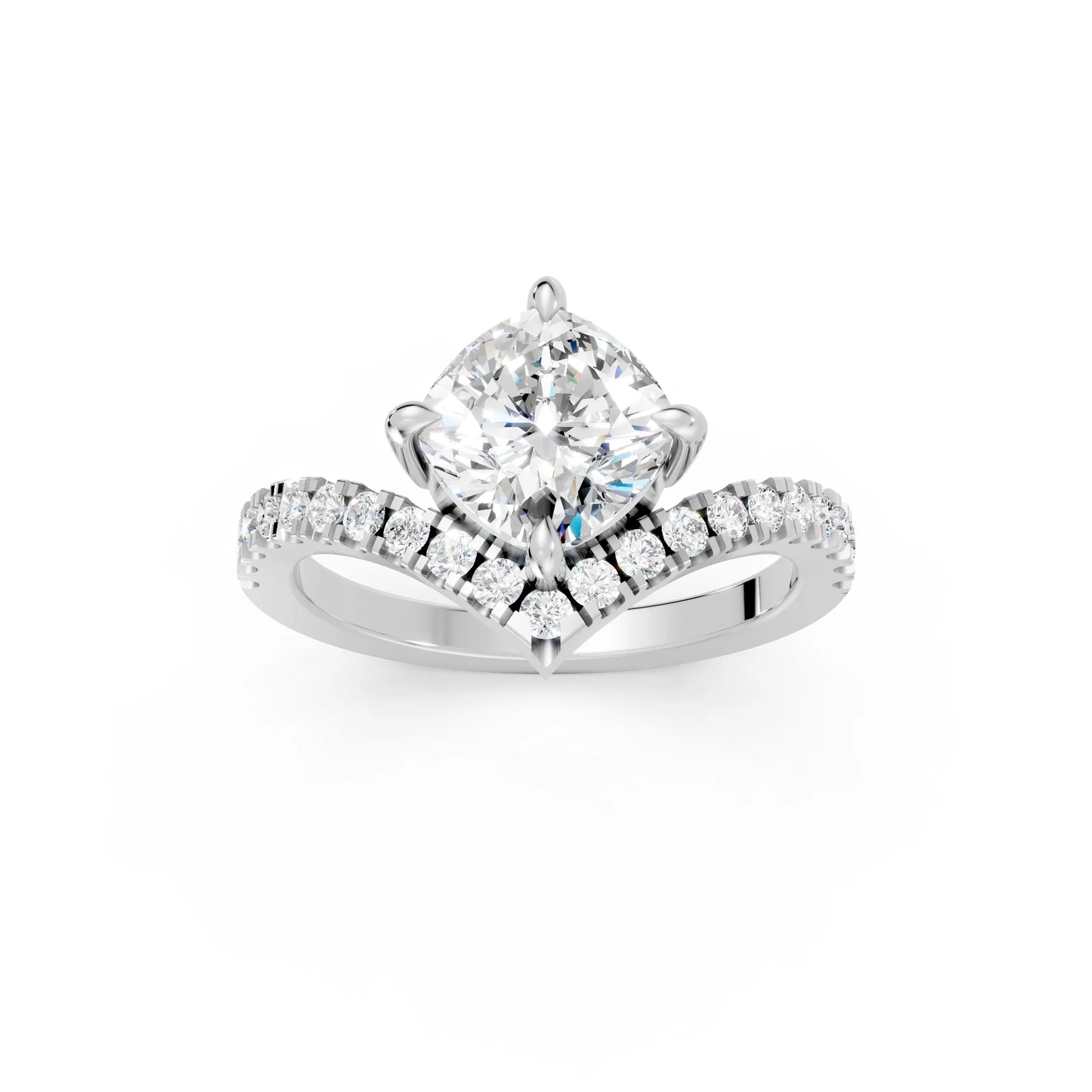14K Gold Cushion Cut Diamond V Shape Engagement Ring with Side Accents