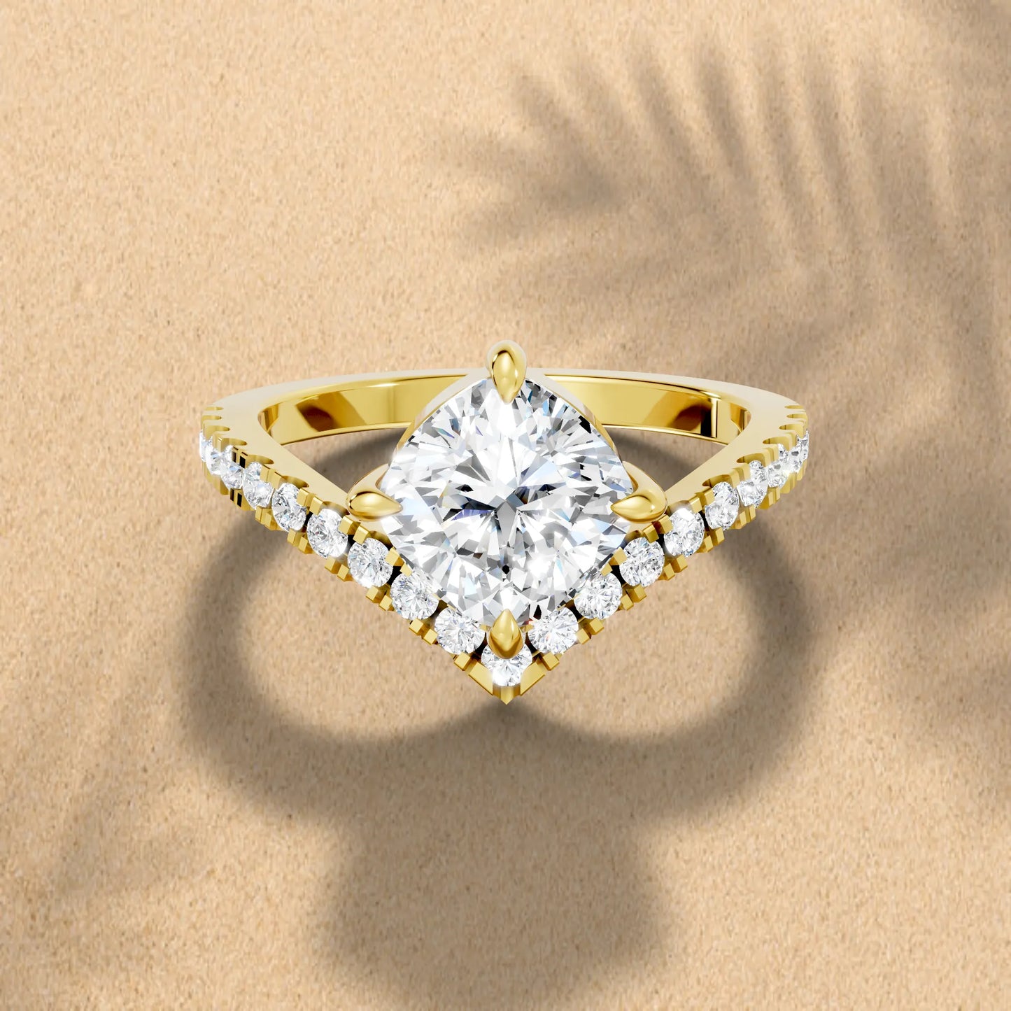 14K Gold Cushion Cut Diamond V Shape Engagement Ring with Side Accents