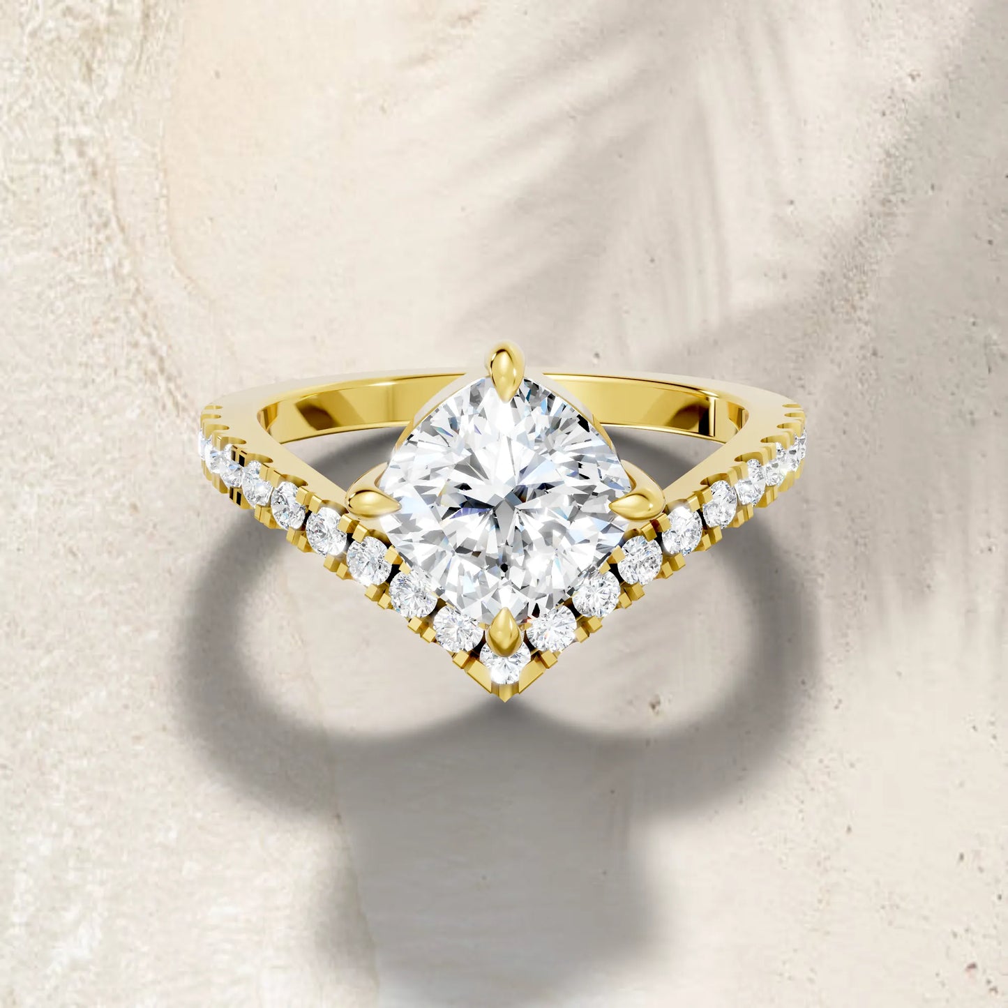 14K Gold Cushion Cut Diamond V Shape Engagement Ring with Side Accents