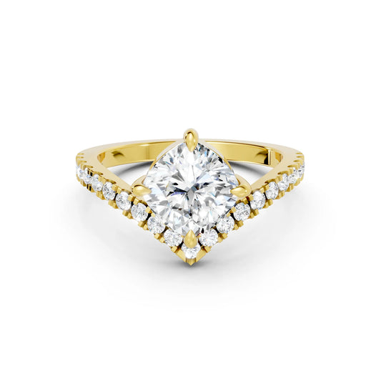 14K Gold Cushion Cut Diamond V Shape Engagement Ring with Side Accents