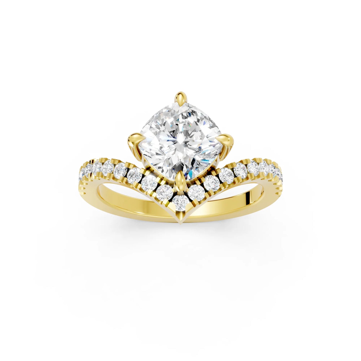 14K Gold Cushion Cut Diamond V Shape Engagement Ring with Side Accents