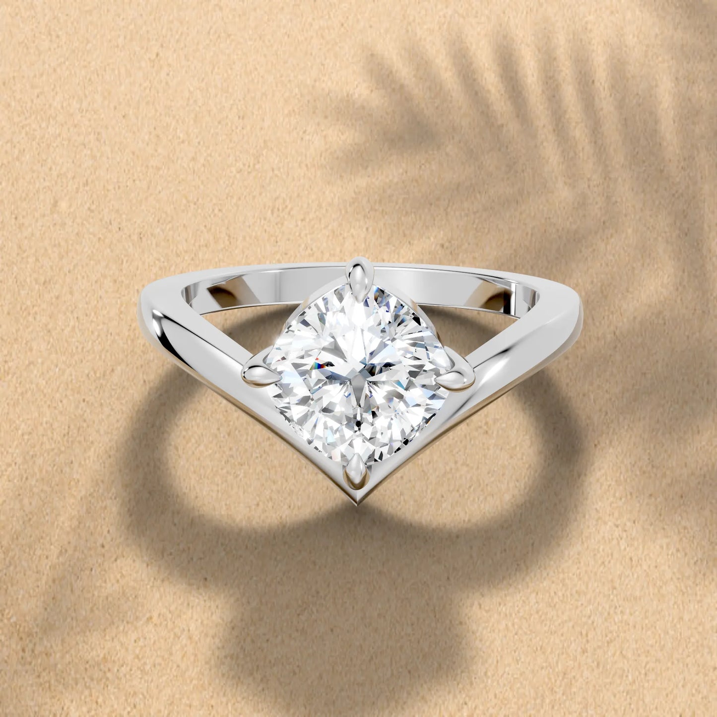 14K Gold Cushion Cut Diamond V Shape Engagement Ring