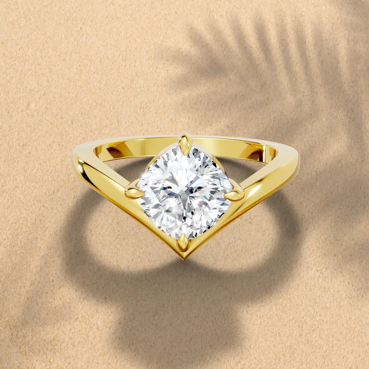14K Gold Cushion Cut Diamond V Shape Engagement Ring