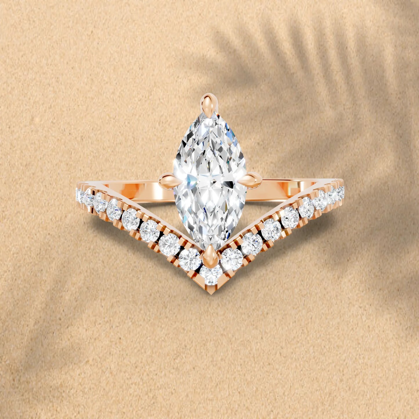 14K Gold Marquise Cut Diamond V Shape Engagement Ring with Side Accents