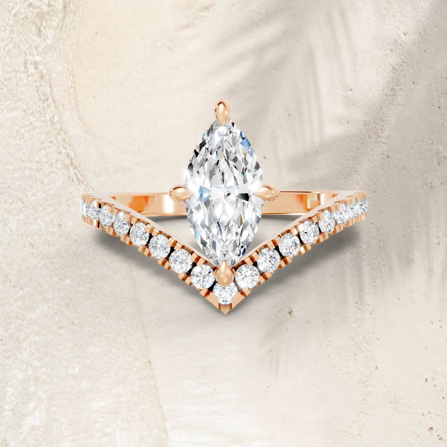 14K Gold Marquise Cut Diamond V Shape Engagement Ring with Side Accents