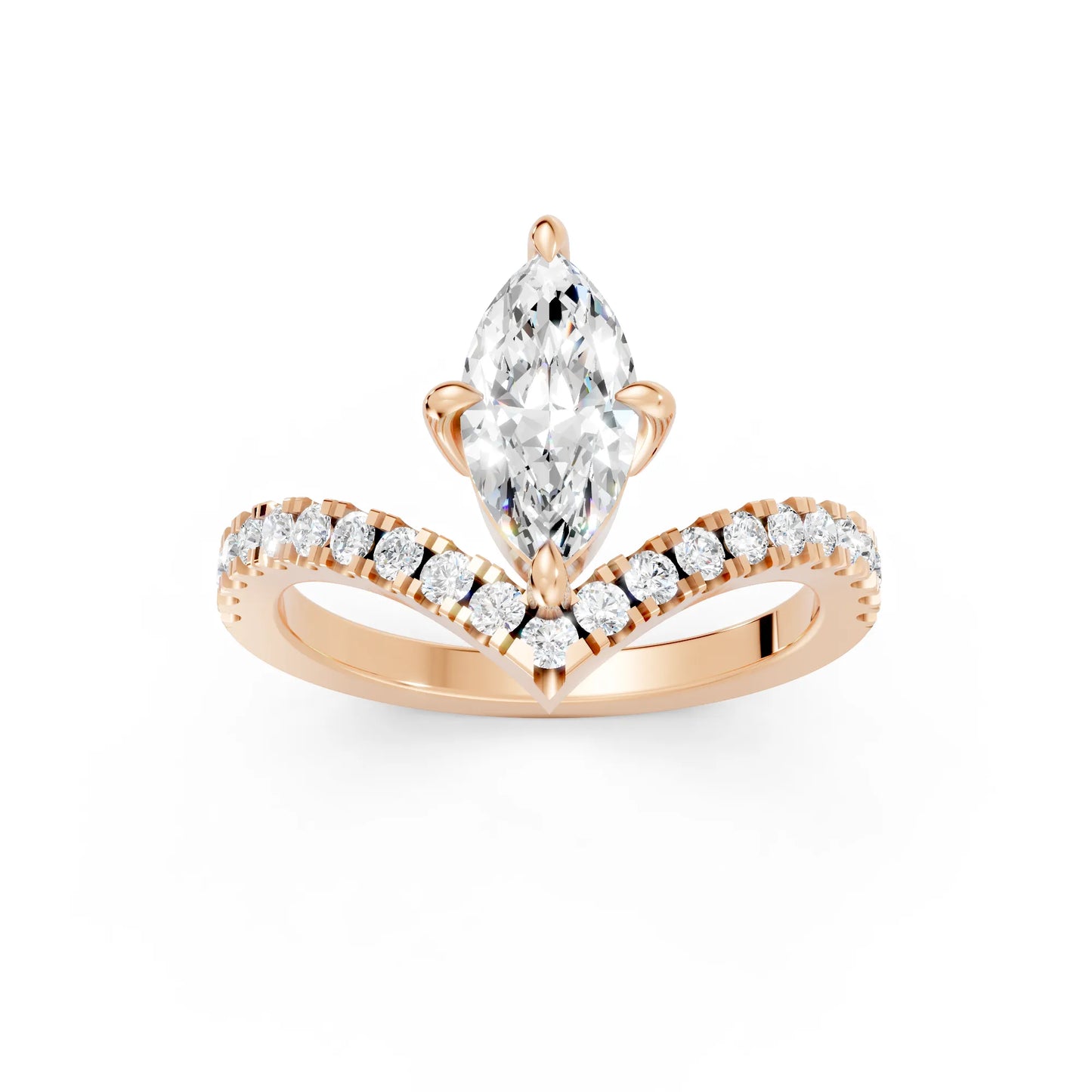 14K Gold Marquise Cut Diamond V Shape Engagement Ring with Side Accents