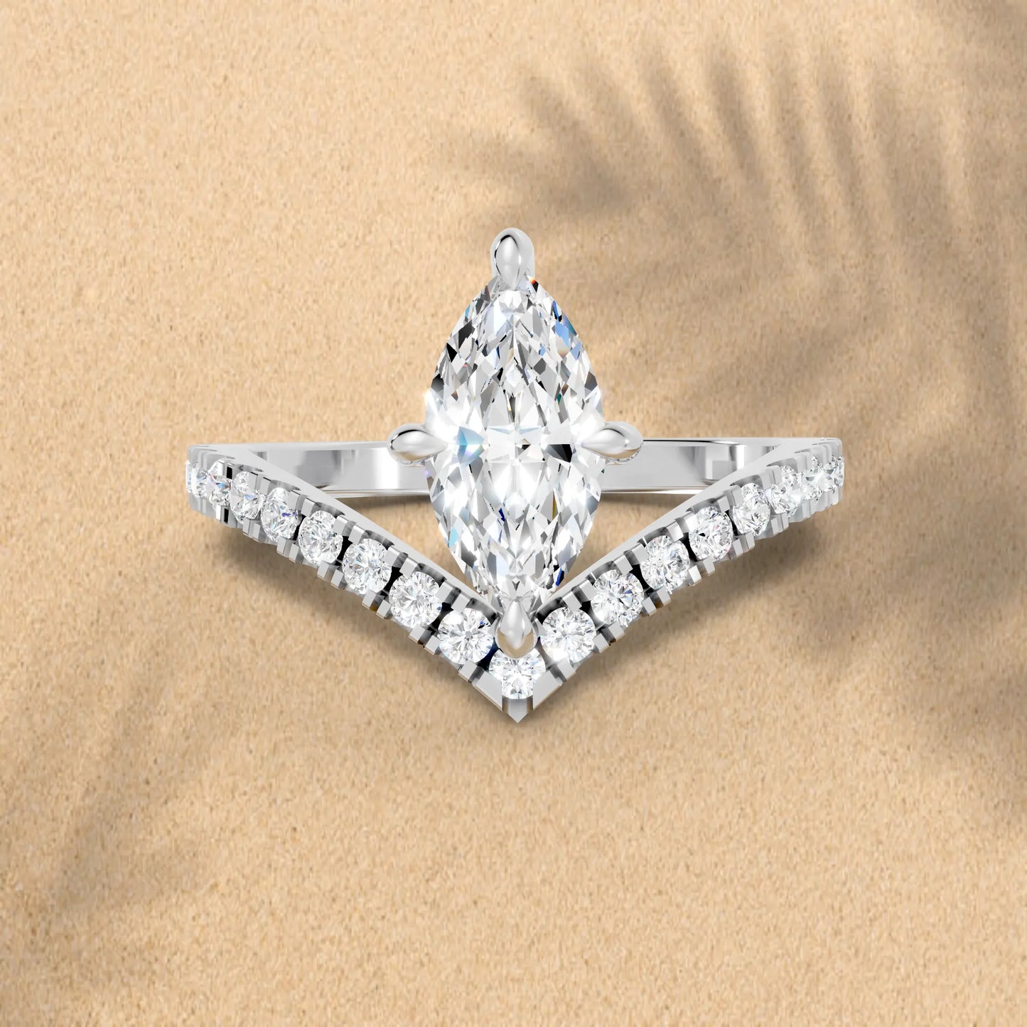 14K Gold Marquise Cut Diamond V Shape Engagement Ring with Side Accents