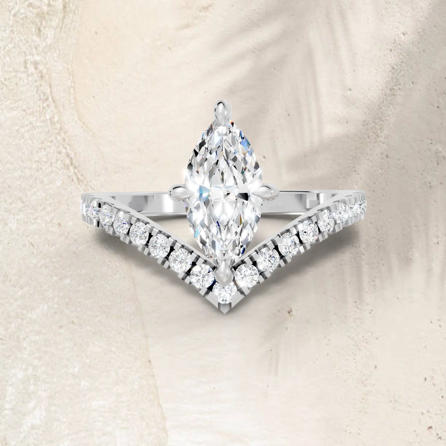 14K Gold Marquise Cut Diamond V Shape Engagement Ring with Side Accents