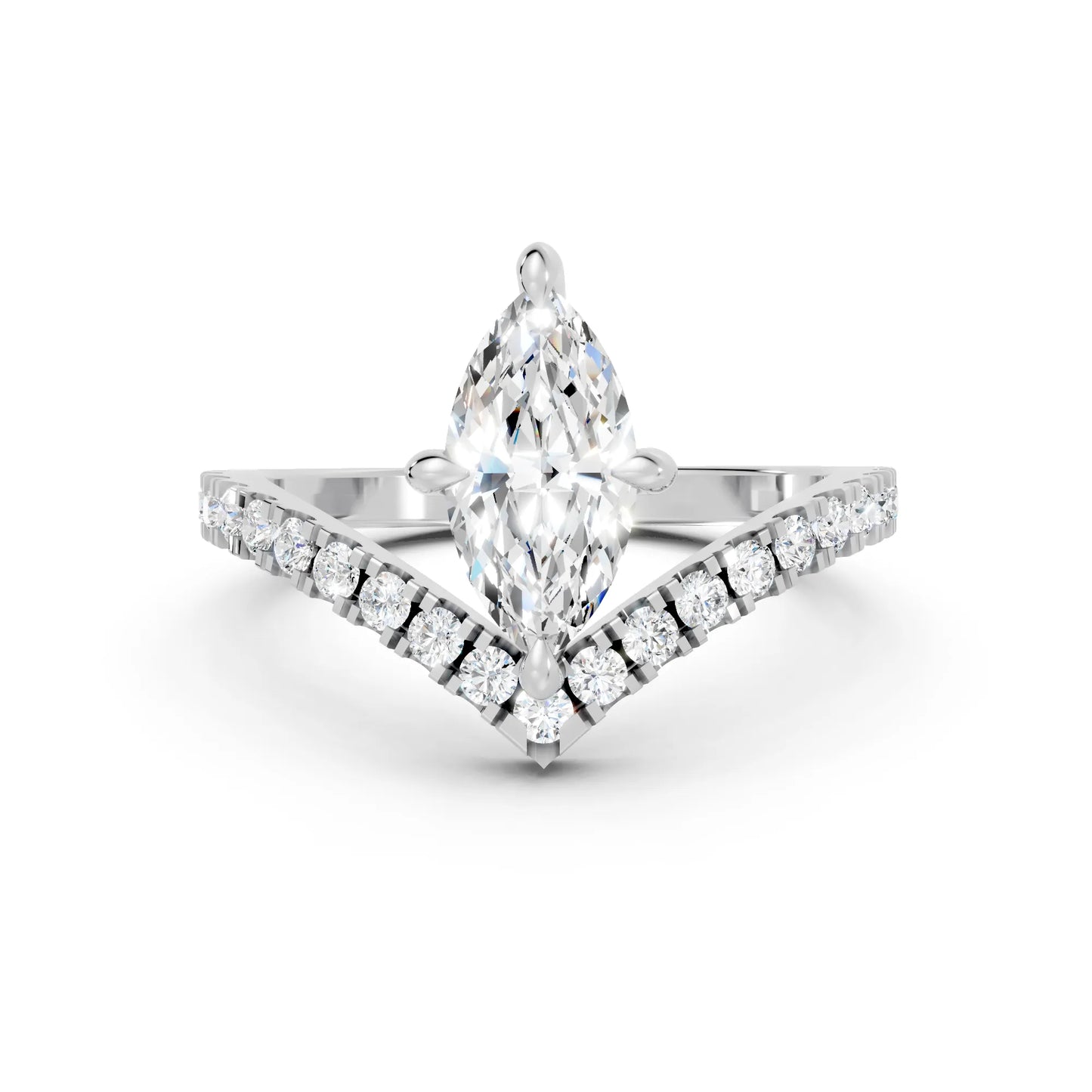 14K Gold Marquise Cut Diamond V Shape Engagement Ring with Side Accents