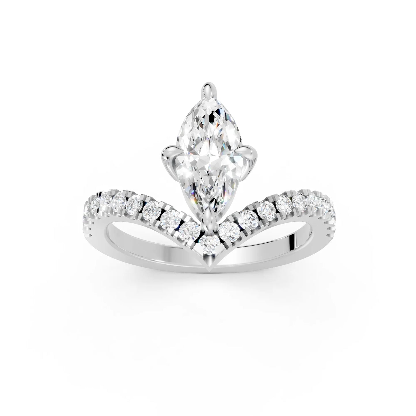 14K Gold Marquise Cut Diamond V Shape Engagement Ring with Side Accents