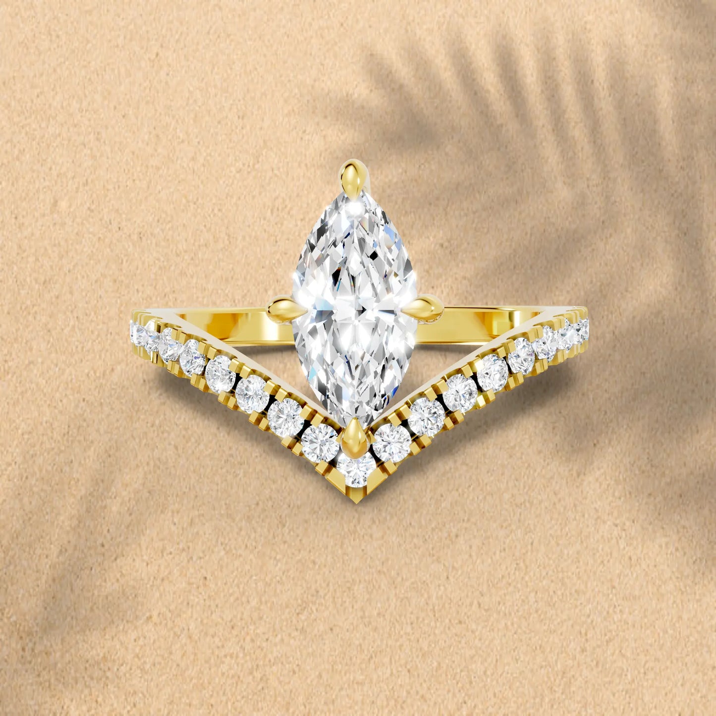 14K Gold Marquise Cut Diamond V Shape Engagement Ring with Side Accents