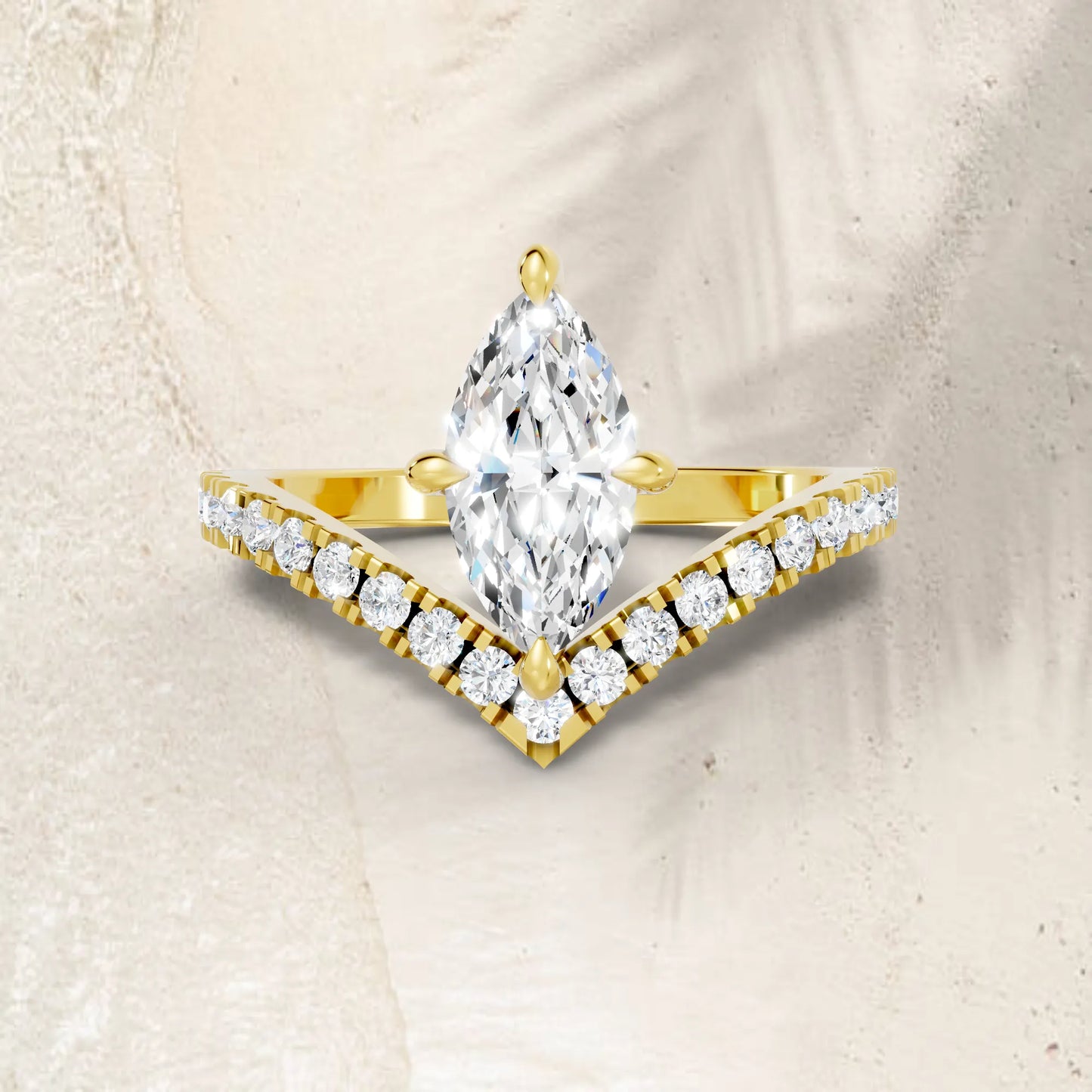 14K Gold Marquise Cut Diamond V Shape Engagement Ring with Side Accents
