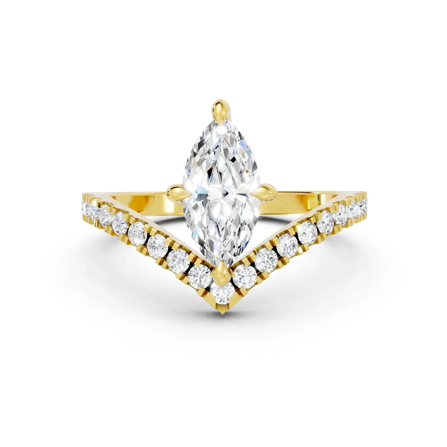 14K Gold Marquise Cut Diamond V Shape Engagement Ring with Side Accents