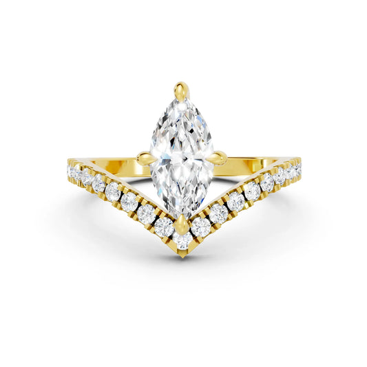 14K Gold Marquise Cut Diamond V Shape Engagement Ring with Side Accents