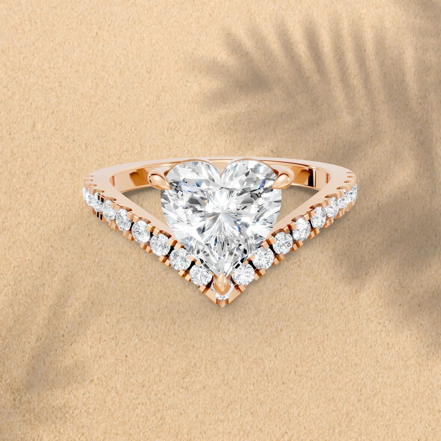 14K Gold Heart Cut Diamond V Shape Engagement Ring with Side Accents