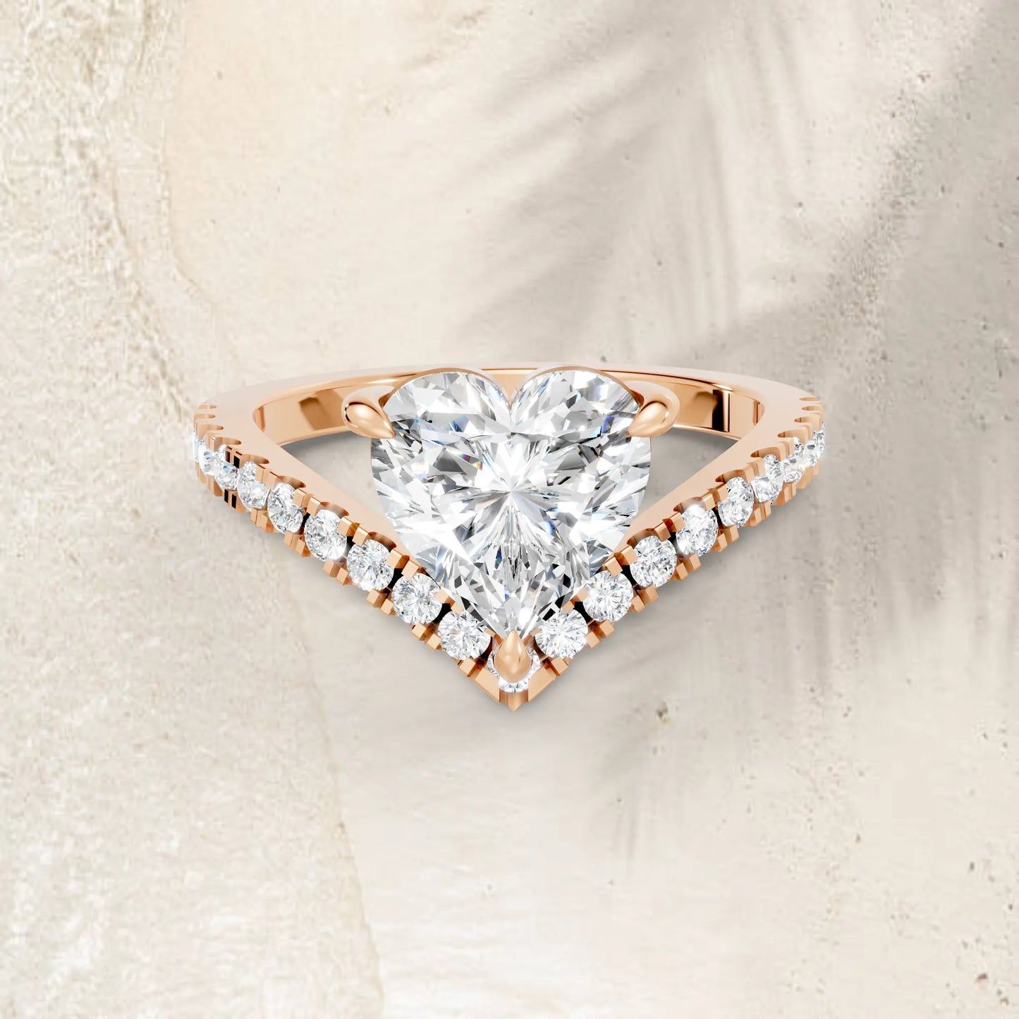14K Gold Heart Cut Diamond V Shape Engagement Ring with Side Accents