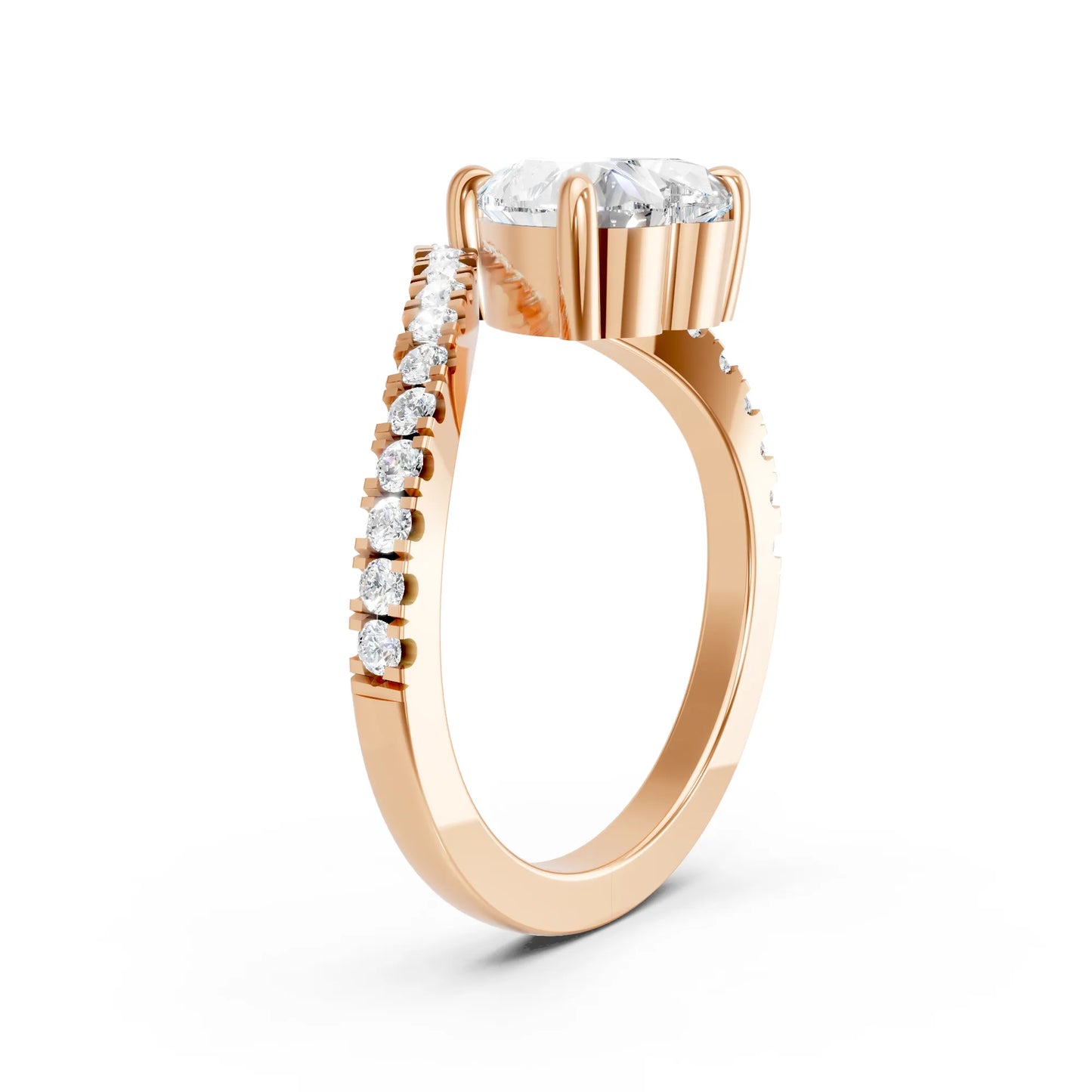 14K Gold Heart Cut Diamond V Shape Engagement Ring with Side Accents