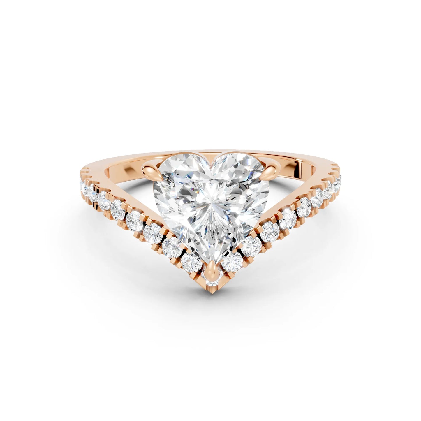 14K Gold Heart Cut Diamond V Shape Engagement Ring with Side Accents