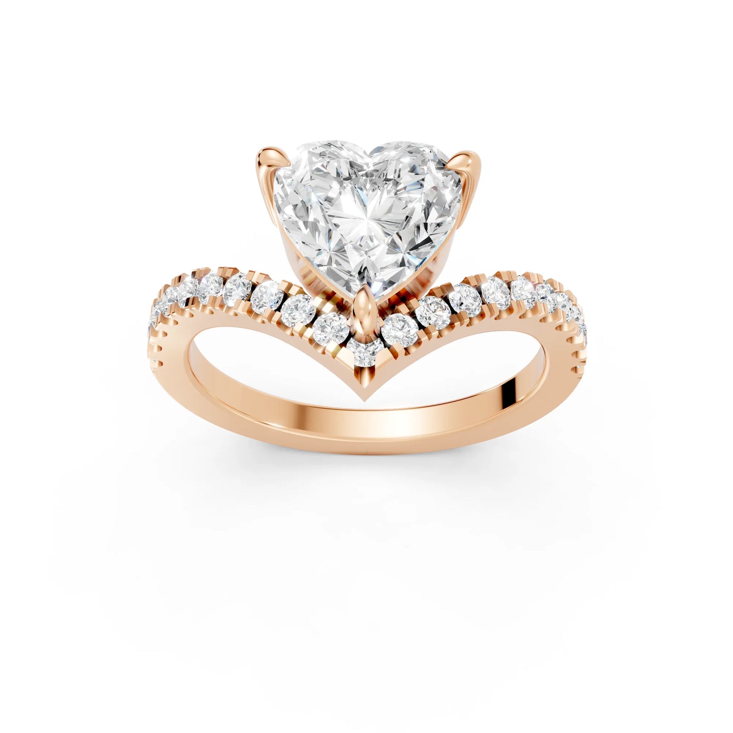 14K Gold Heart Cut Diamond V Shape Engagement Ring with Side Accents