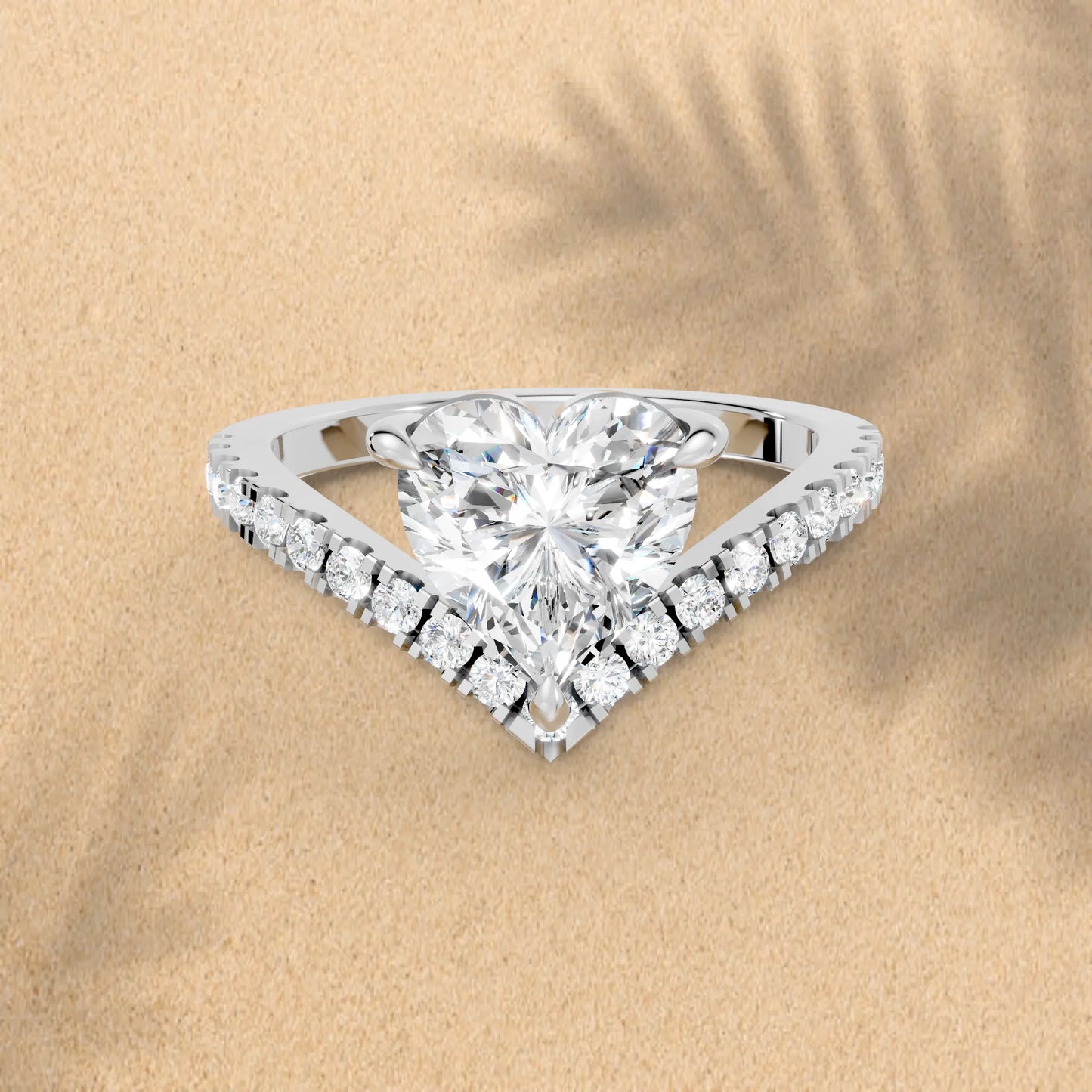 14K Gold Heart Cut Diamond V Shape Engagement Ring with Side Accents