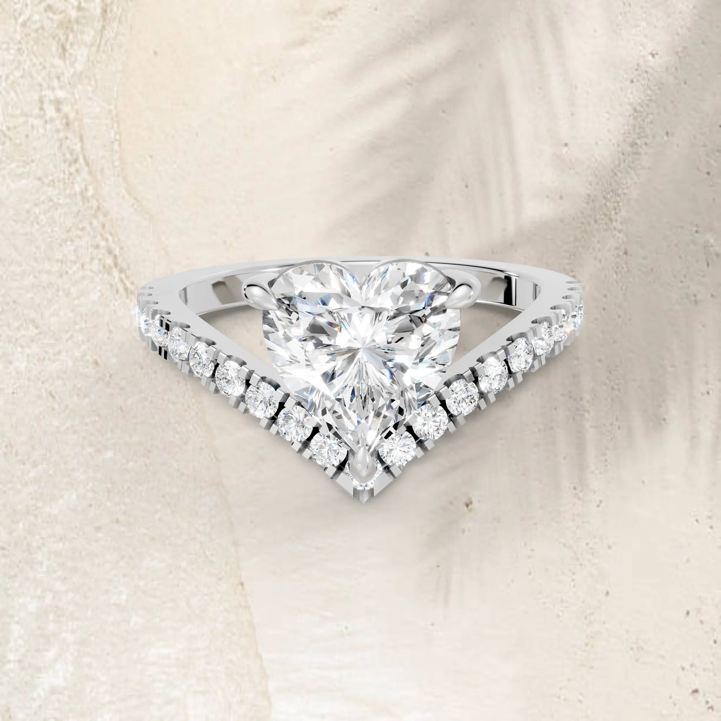 14K Gold Heart Cut Diamond V Shape Engagement Ring with Side Accents