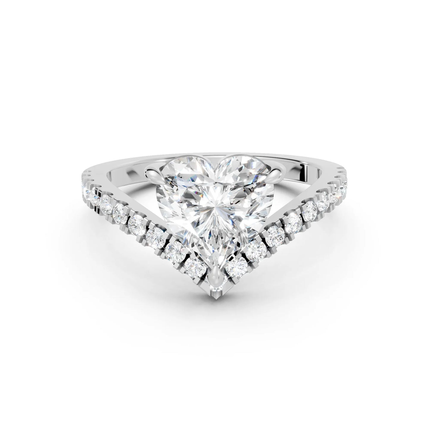 14K Gold Heart Cut Diamond V Shape Engagement Ring with Side Accents