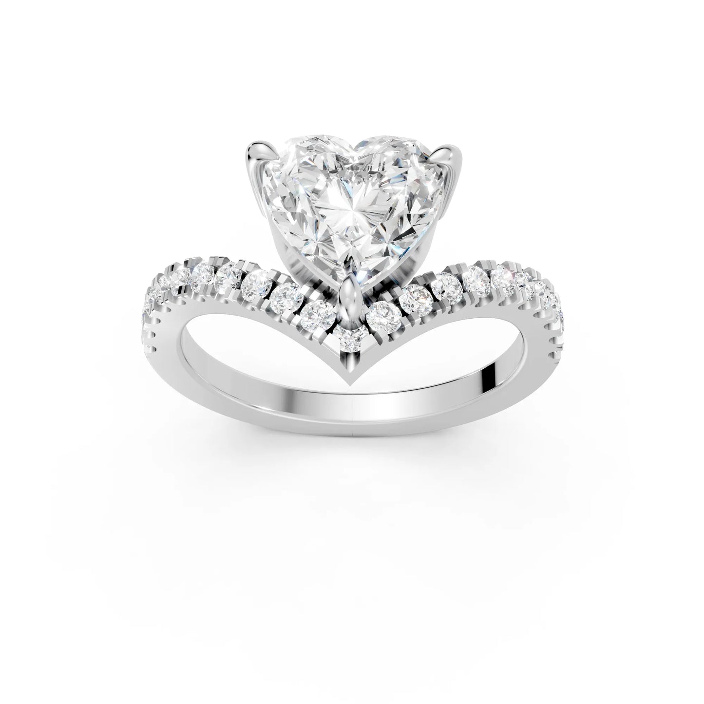 14K Gold Heart Cut Diamond V Shape Engagement Ring with Side Accents