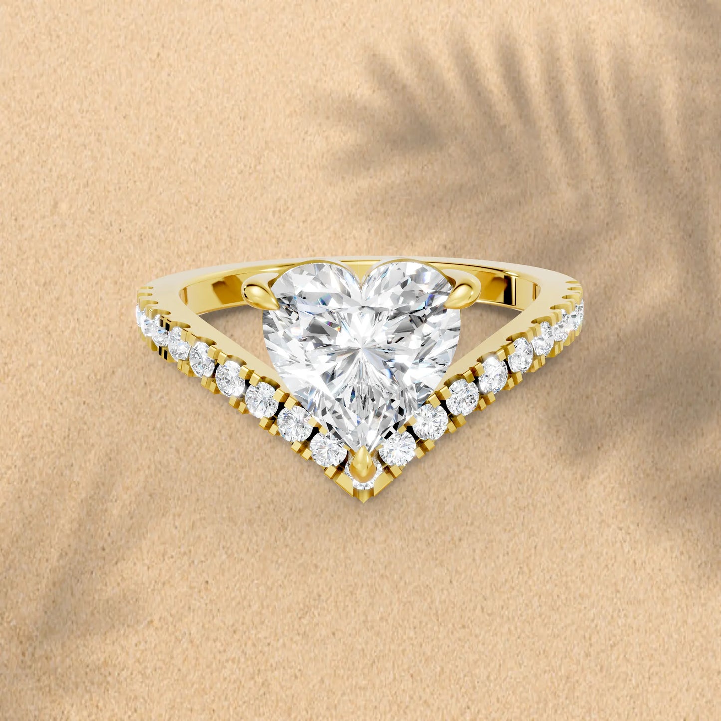 14K Gold Heart Cut Diamond V Shape Engagement Ring with Side Accents