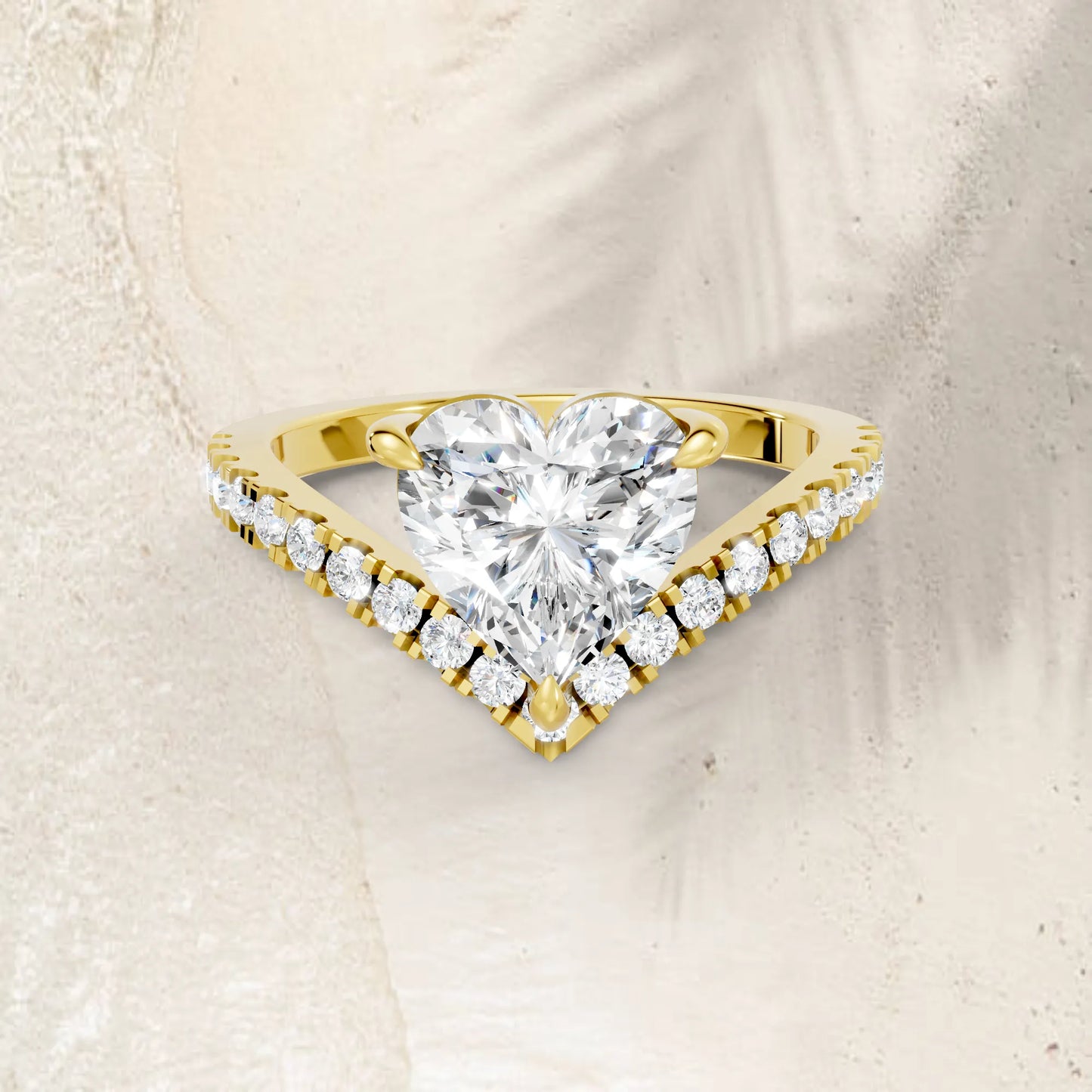 14K Gold Heart Cut Diamond V Shape Engagement Ring with Side Accents