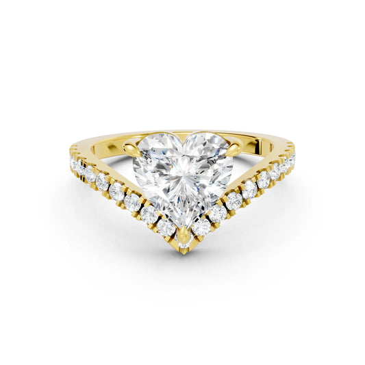 14K Gold Heart Cut Diamond V Shape Engagement Ring with Side Accents