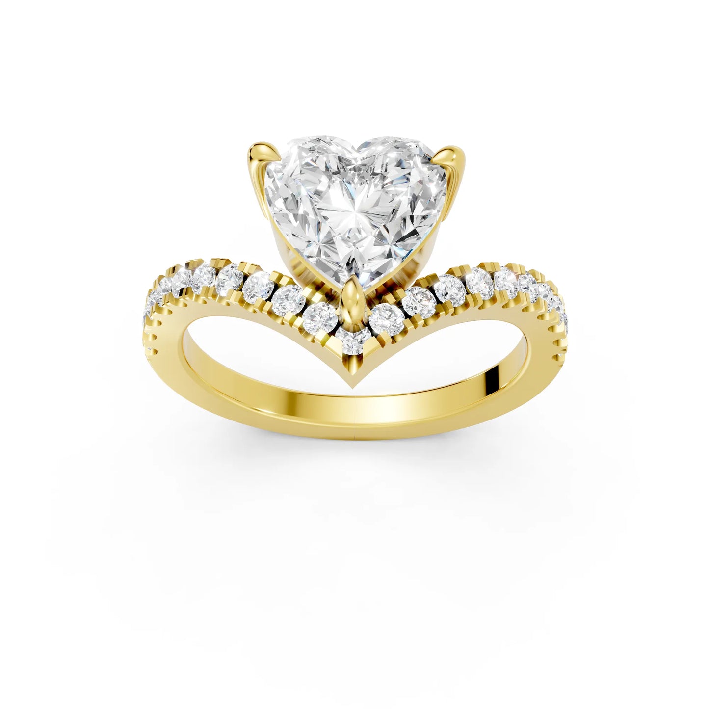 14K Gold Heart Cut Diamond V Shape Engagement Ring with Side Accents