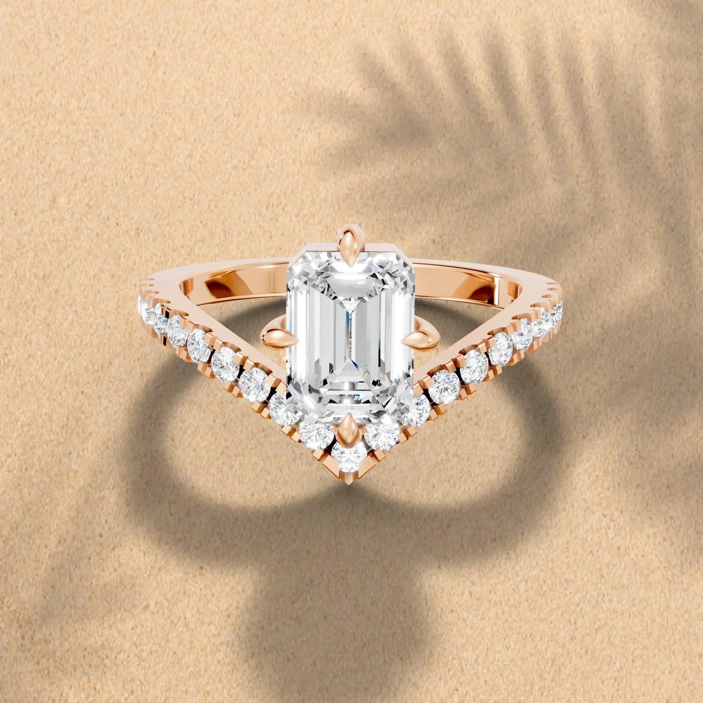 14K Gold Emerald Cut Diamond V Shape Engagement Ring with Side Accents