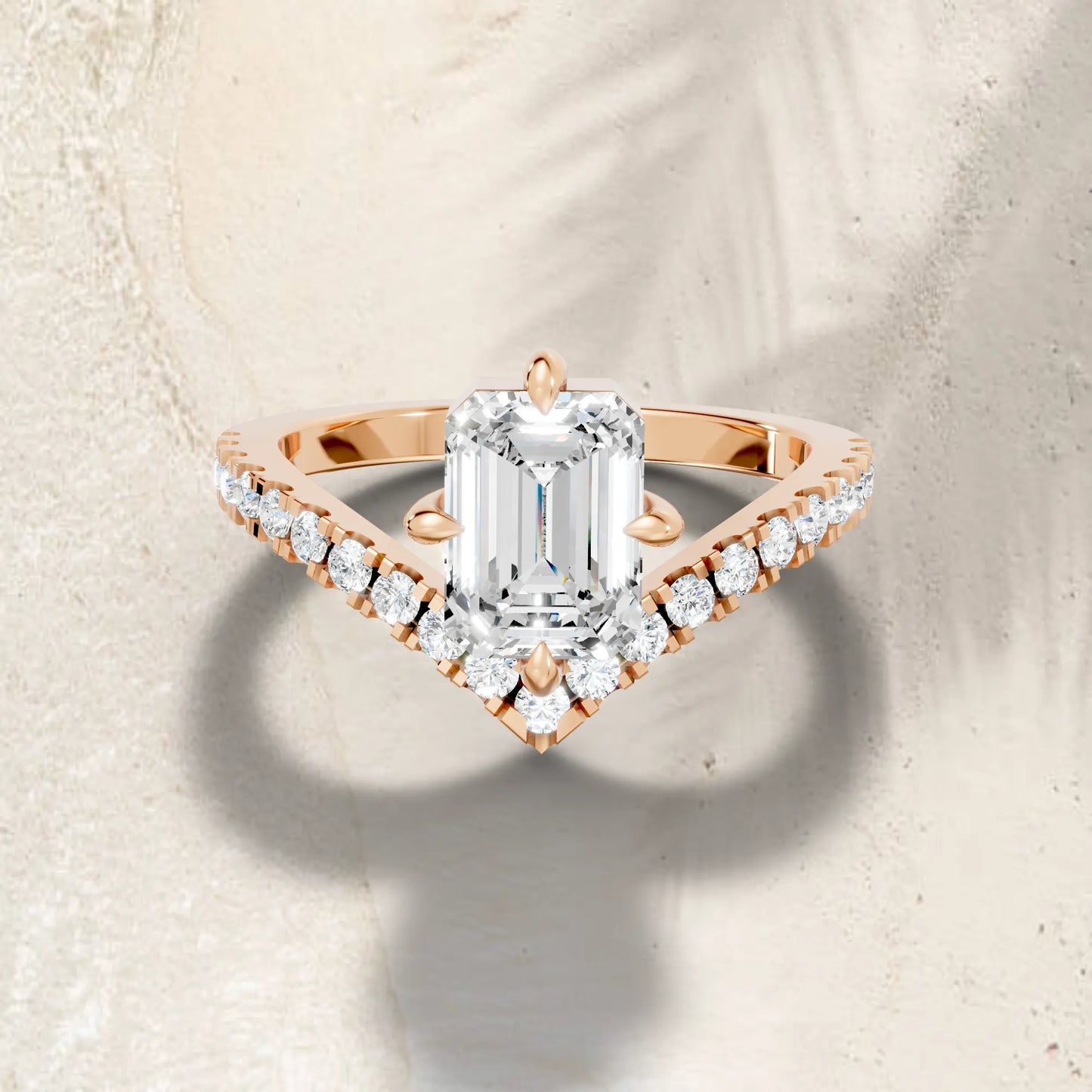 14K Gold Emerald Cut Diamond V Shape Engagement Ring with Side Accents