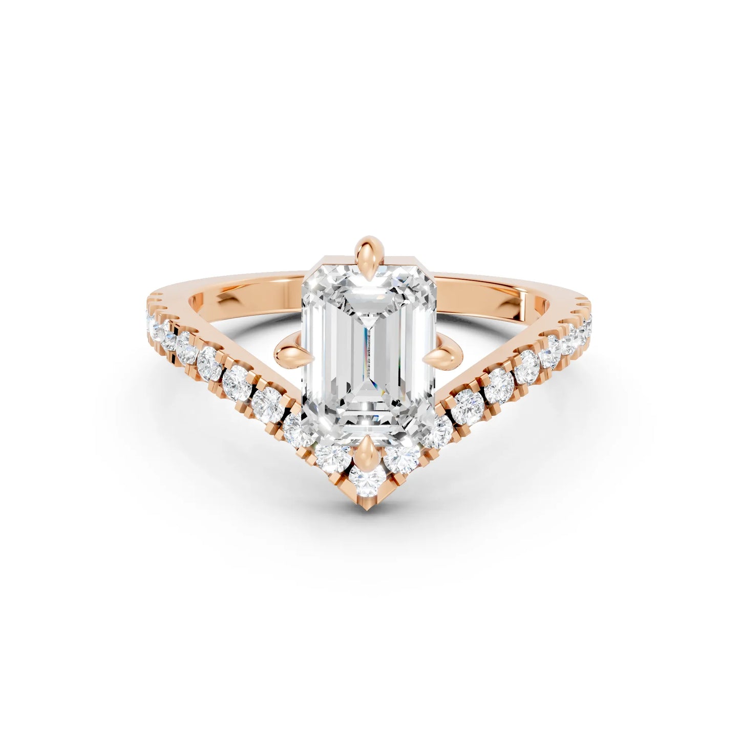 14K Gold Emerald Cut Diamond V Shape Engagement Ring with Side Accents