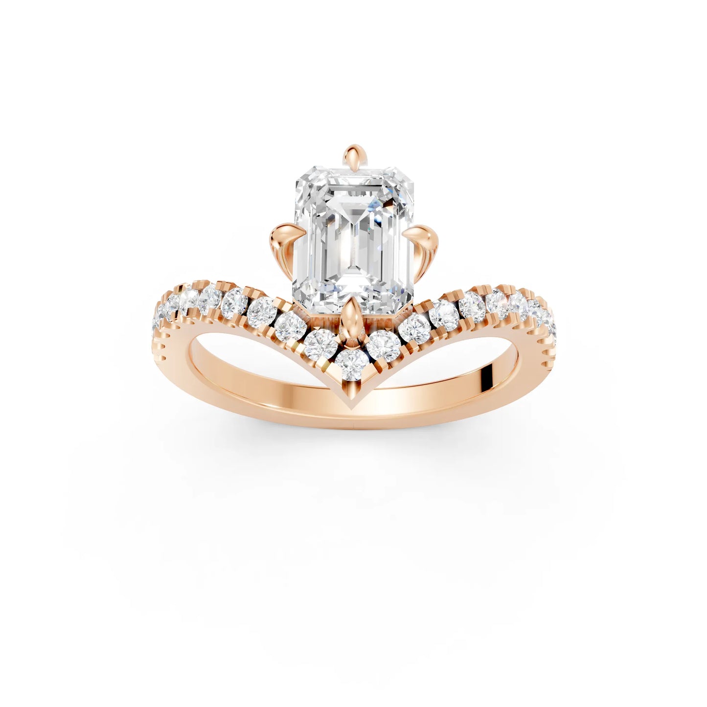 14K Gold Emerald Cut Diamond V Shape Engagement Ring with Side Accents