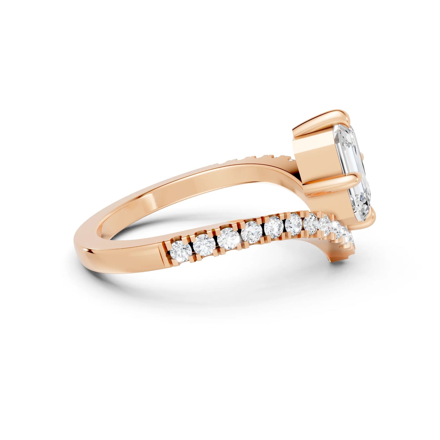14K Gold Emerald Cut Diamond V Shape Engagement Ring with Side Accents