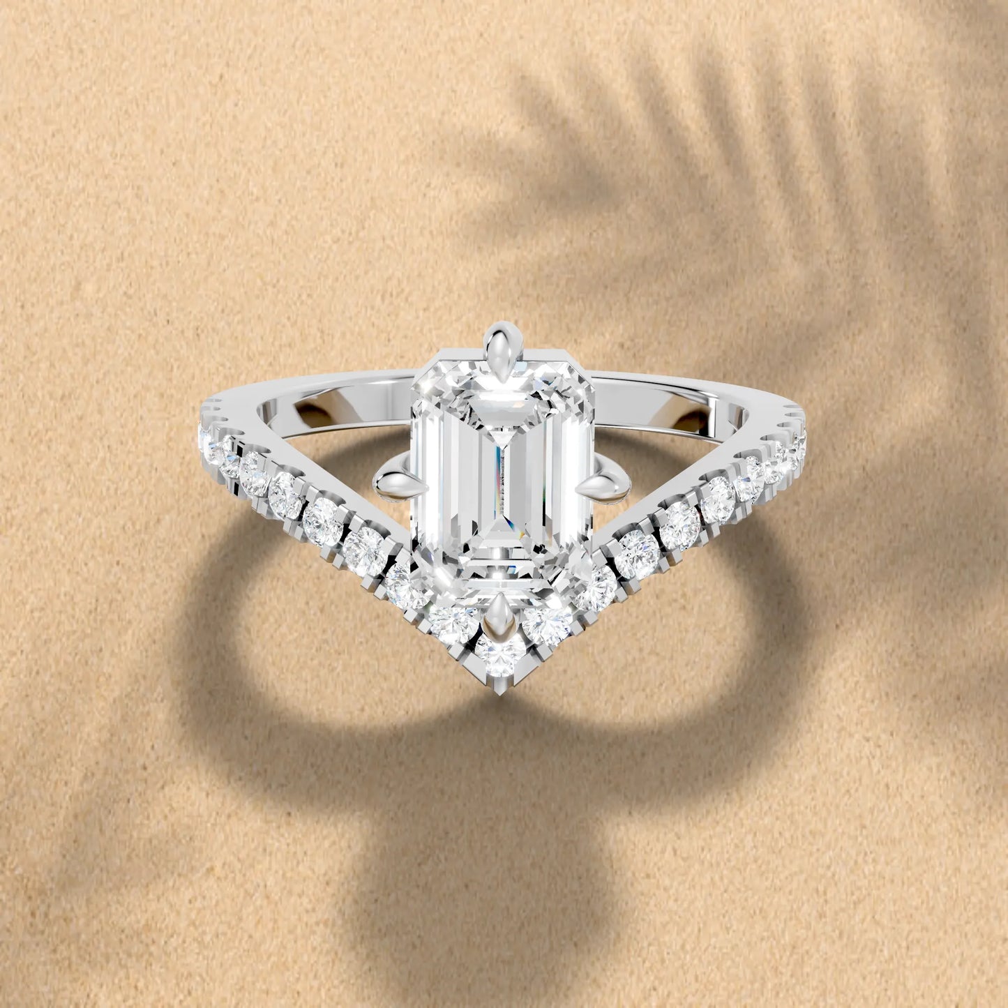 14K Gold Emerald Cut Diamond V Shape Engagement Ring with Side Accents