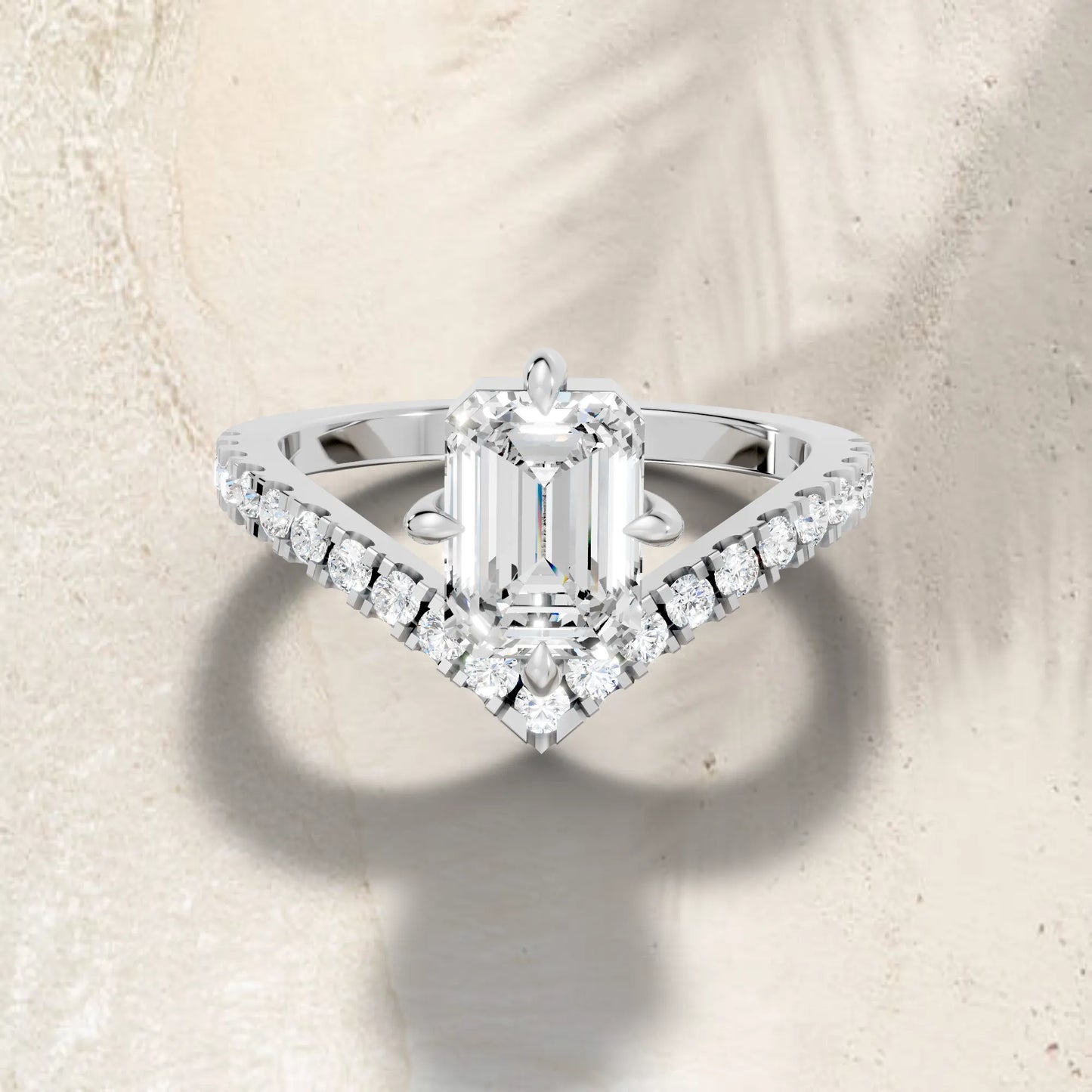 14K Gold Emerald Cut Diamond V Shape Engagement Ring with Side Accents