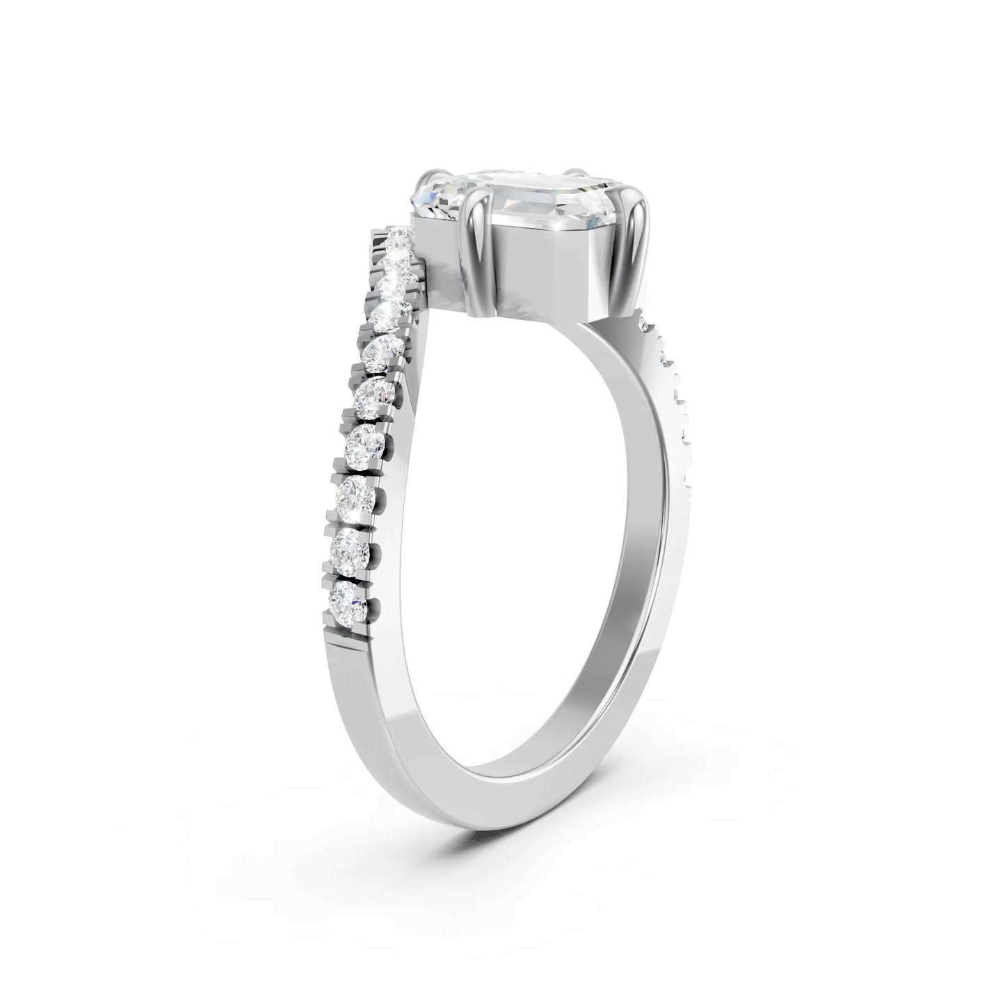 14K Gold Emerald Cut Diamond V Shape Engagement Ring with Side Accents