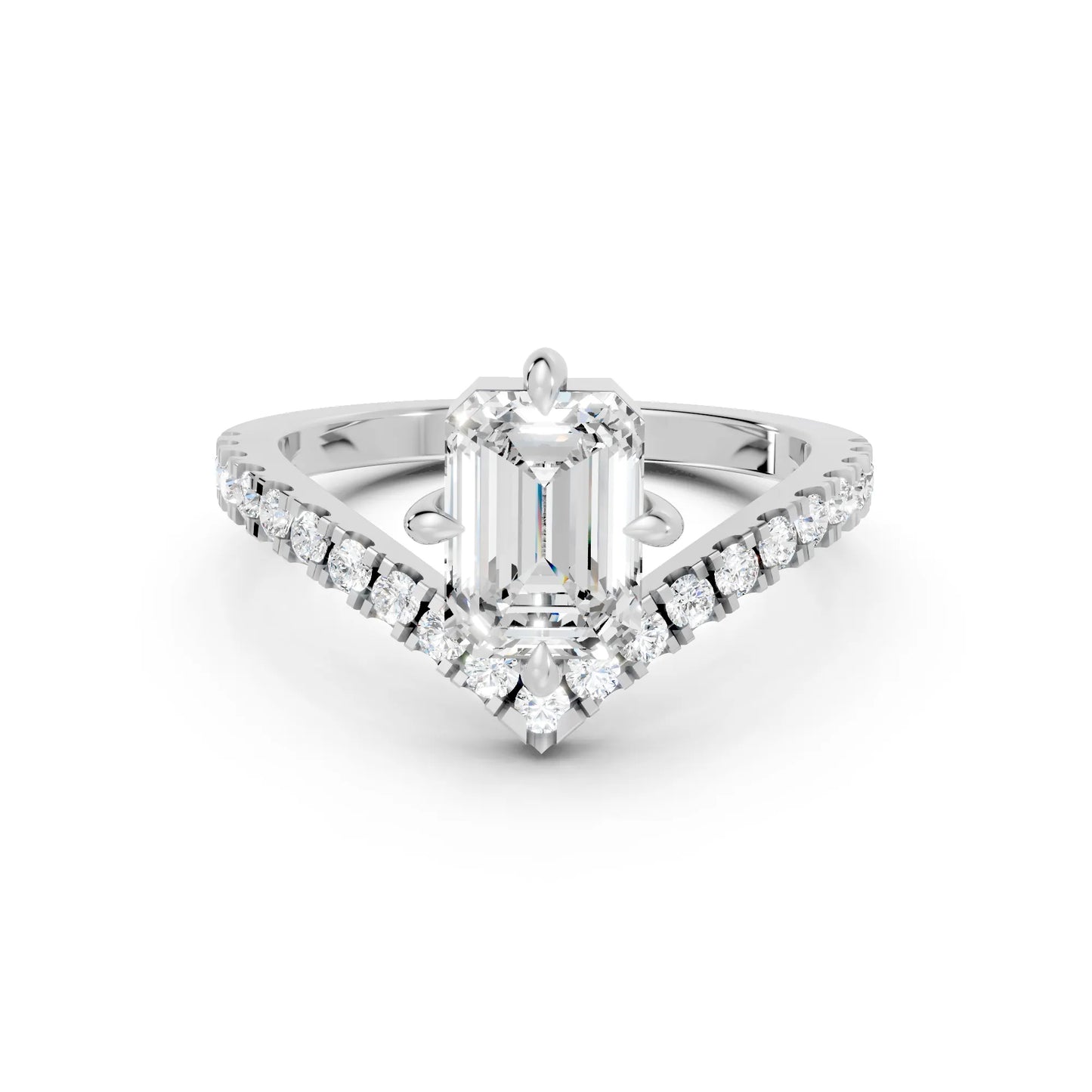 14K Gold Emerald Cut Diamond V Shape Engagement Ring with Side Accents
