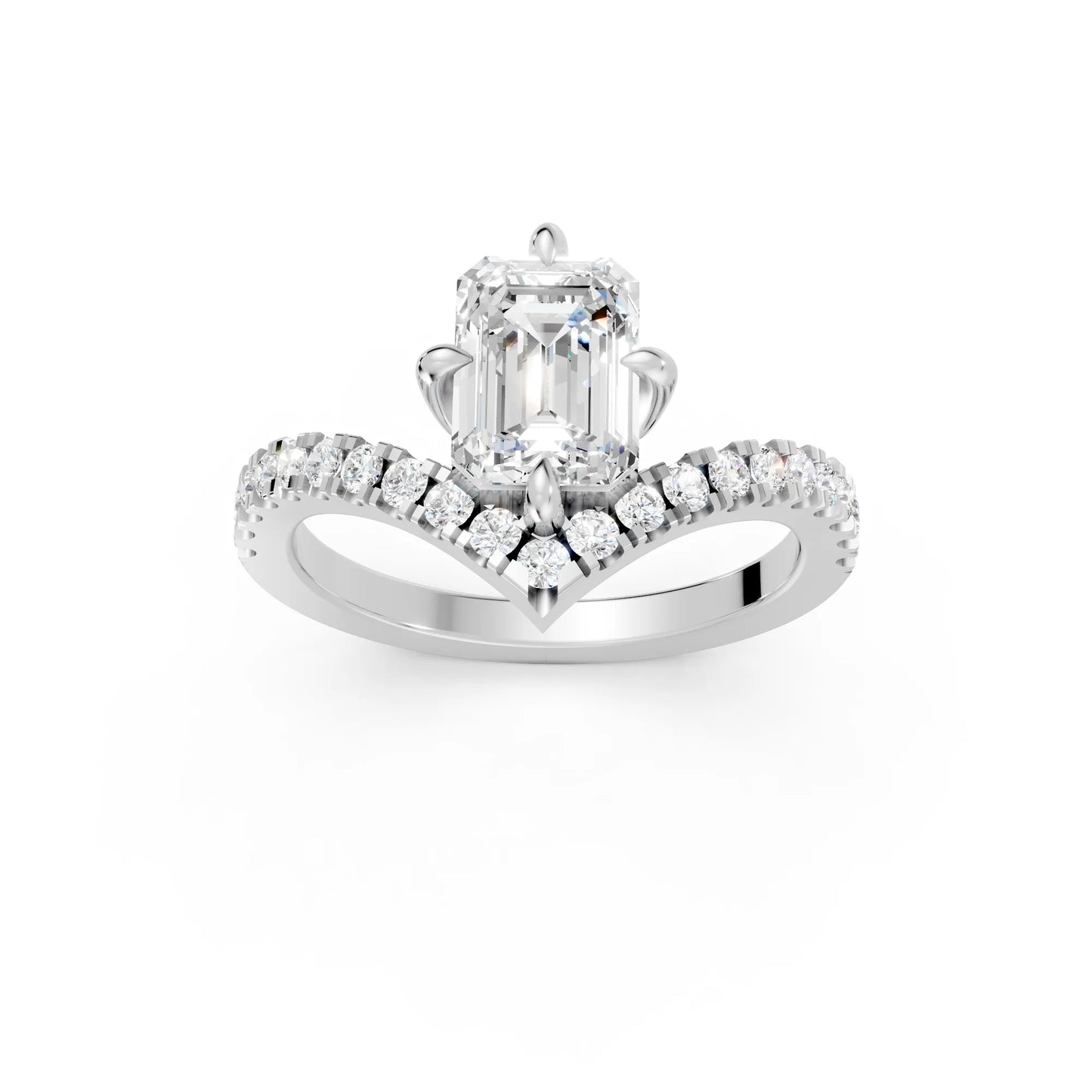 14K Gold Emerald Cut Diamond V Shape Engagement Ring with Side Accents