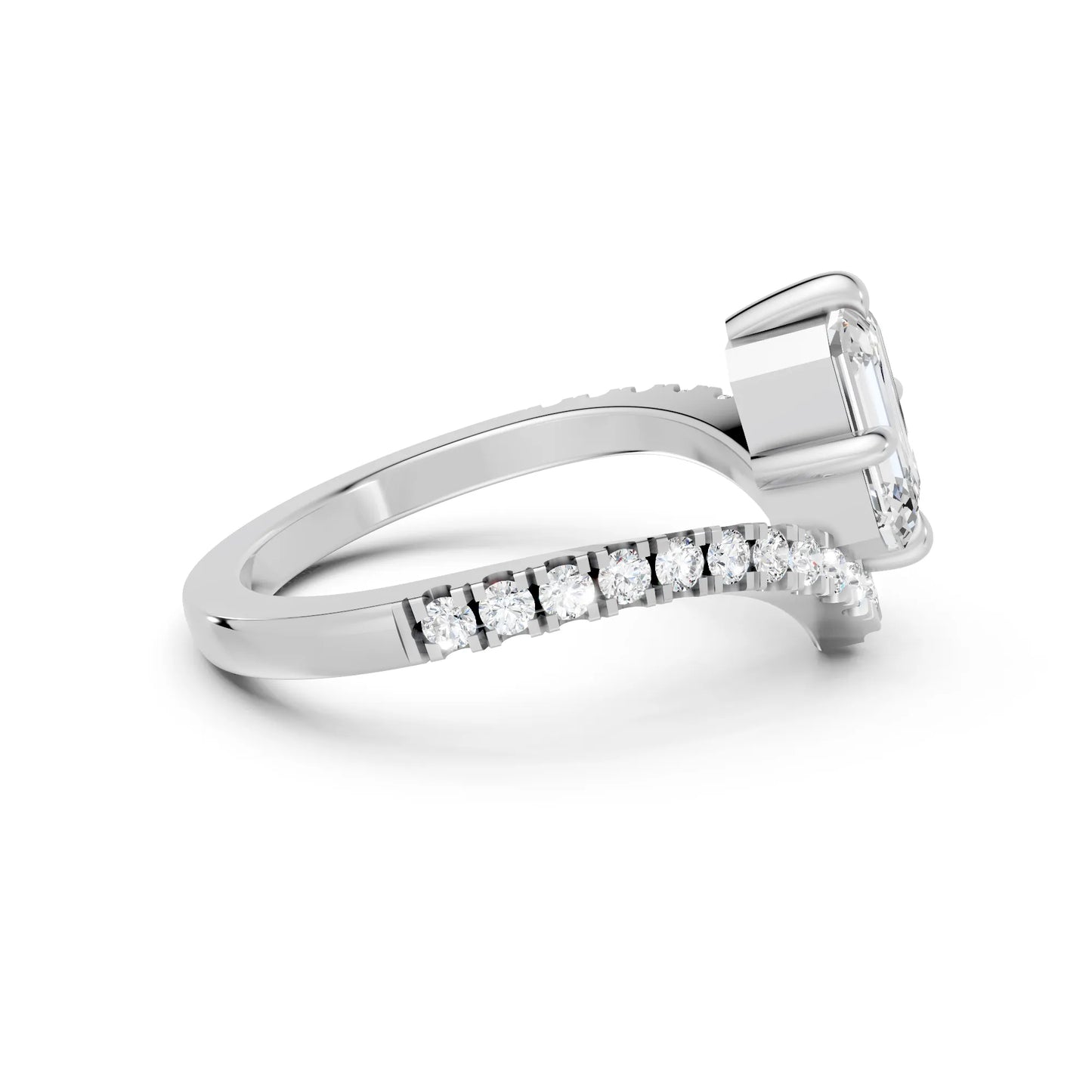 14K Gold Emerald Cut Diamond V Shape Engagement Ring with Side Accents